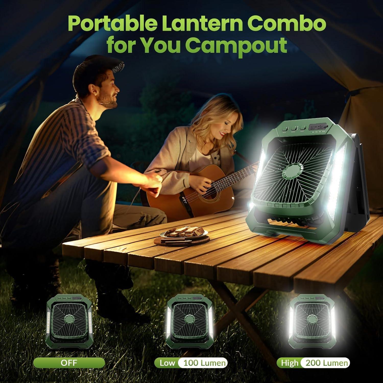 26800mAh Portable Fan Rechargeable with 18W Detachable Solar Panel, Quiet Battery Powered Camping Fan Cordless with LED Lantern,3 Speed,Timer,USB-C,for Bedroom Tent Home Office Desk Hurricane(Green)