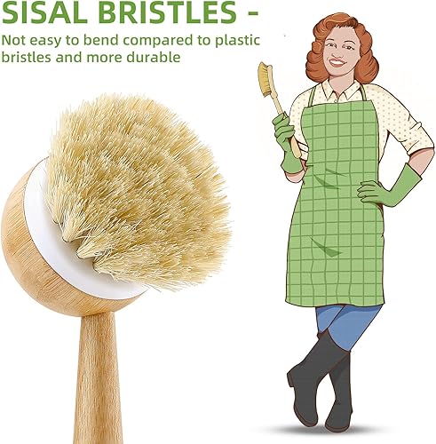 Miniatura 5 de SUBEKYU Cepillo para platos con asa, cepillo de bambú natural, cepillo para lavar platos de cocina para limpiar platos, sartenes, ollas, fregaderos,