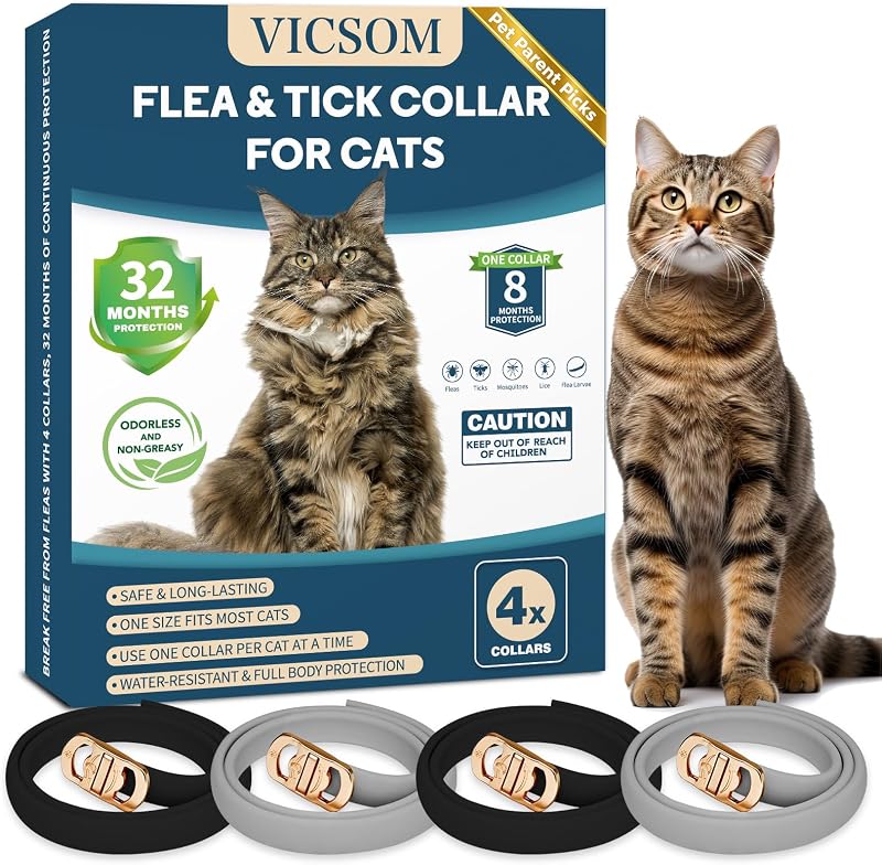 VICSOM Collar antipulgas para gatos, prevención de pulgas y garrapatas para gatos, paquete de 4 | Collar de tratamiento contra pulgas y garrapatas para gatos y gatitos, 32 meses en total, collares ajustables impermeables, sin perfume, negro gris