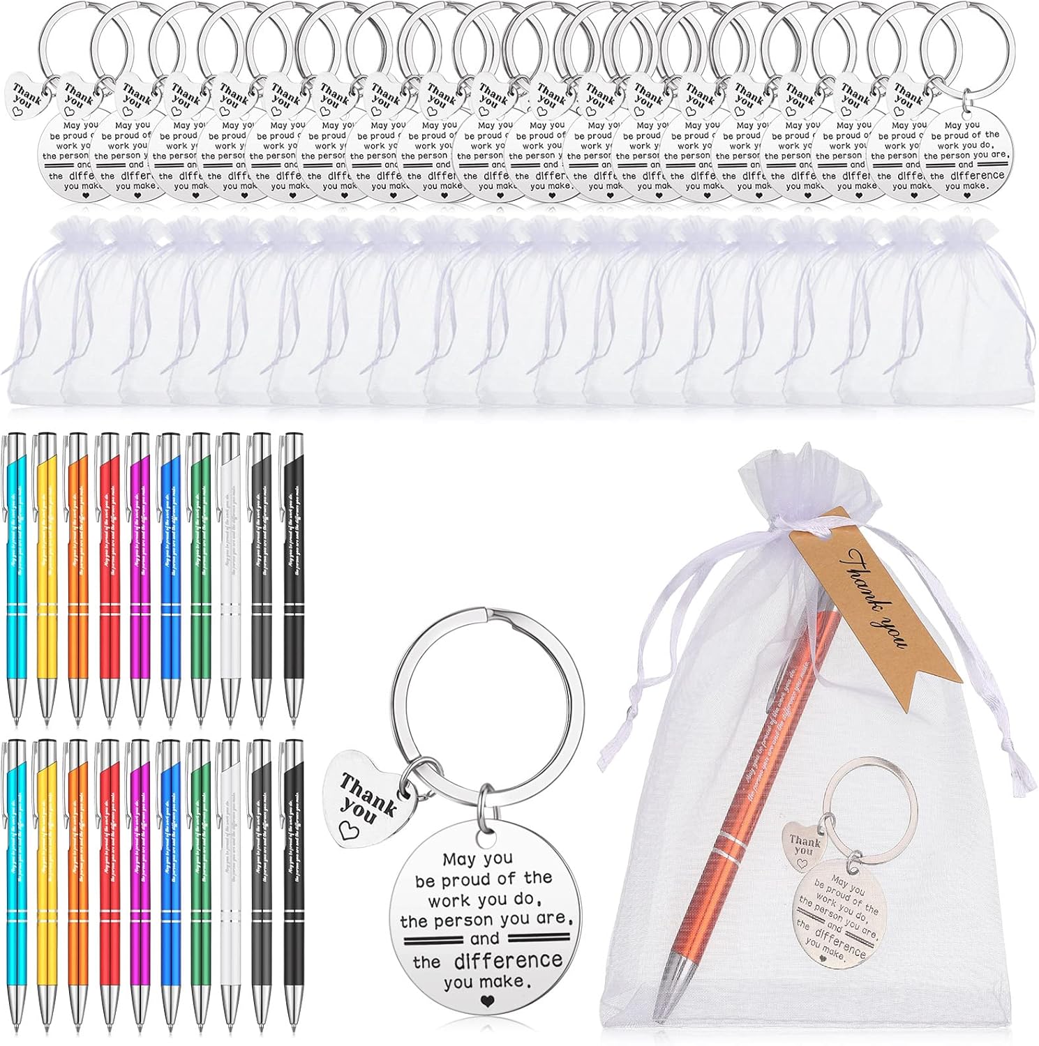 Teling 20 Sets Employee Appreciation Gifts Bulk Inspirational Pens Motivational Keychains Thank You Ballpoint Pen Gifts for Coworkers Teachers Staff Christmas