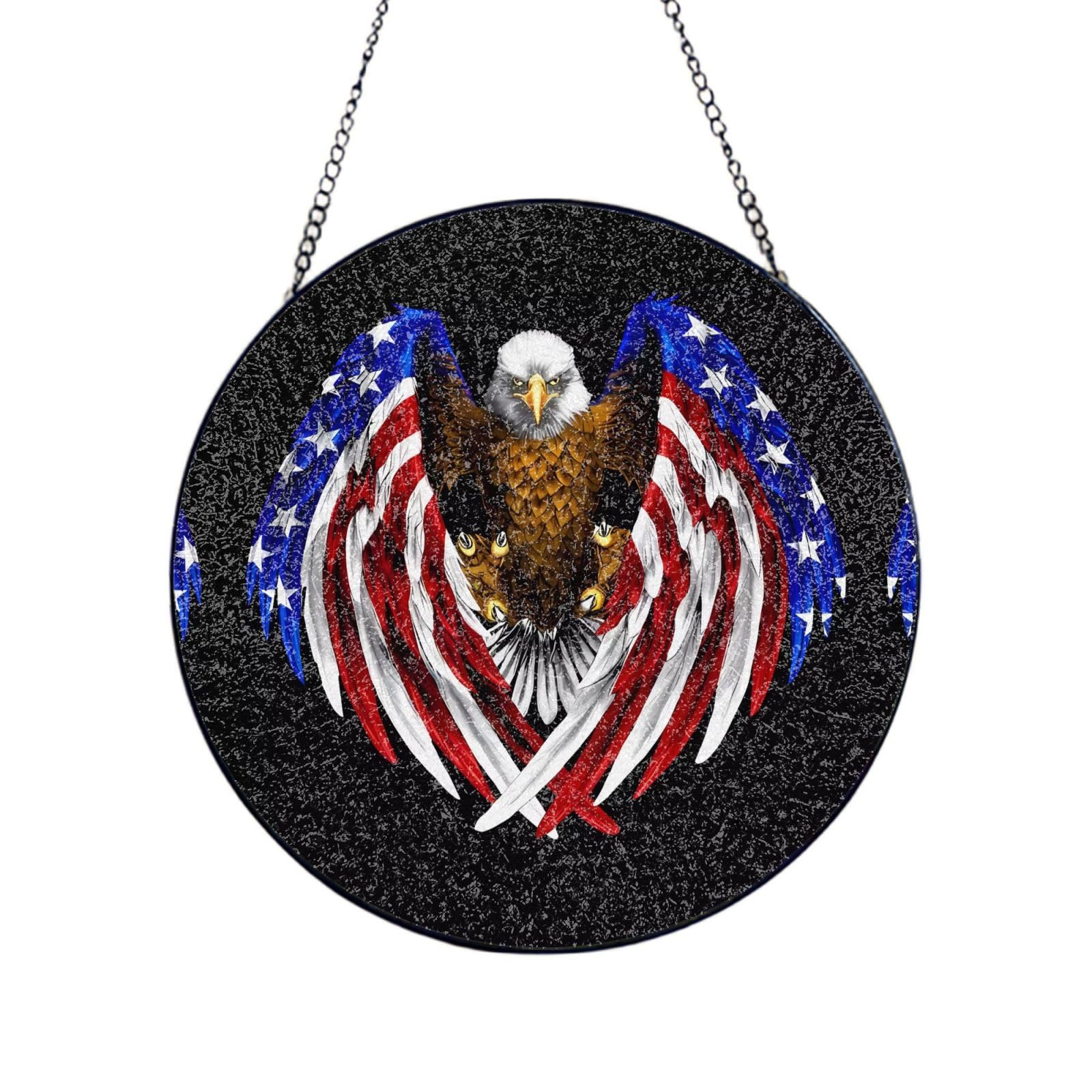 Poezjzw Stained Glass Window Hanging - Usa Flag Patriotic Eagle Sun Catcher For Door Garden Home Decor Christmas Mother'S Day Birthday Gifts 6in（15cm）