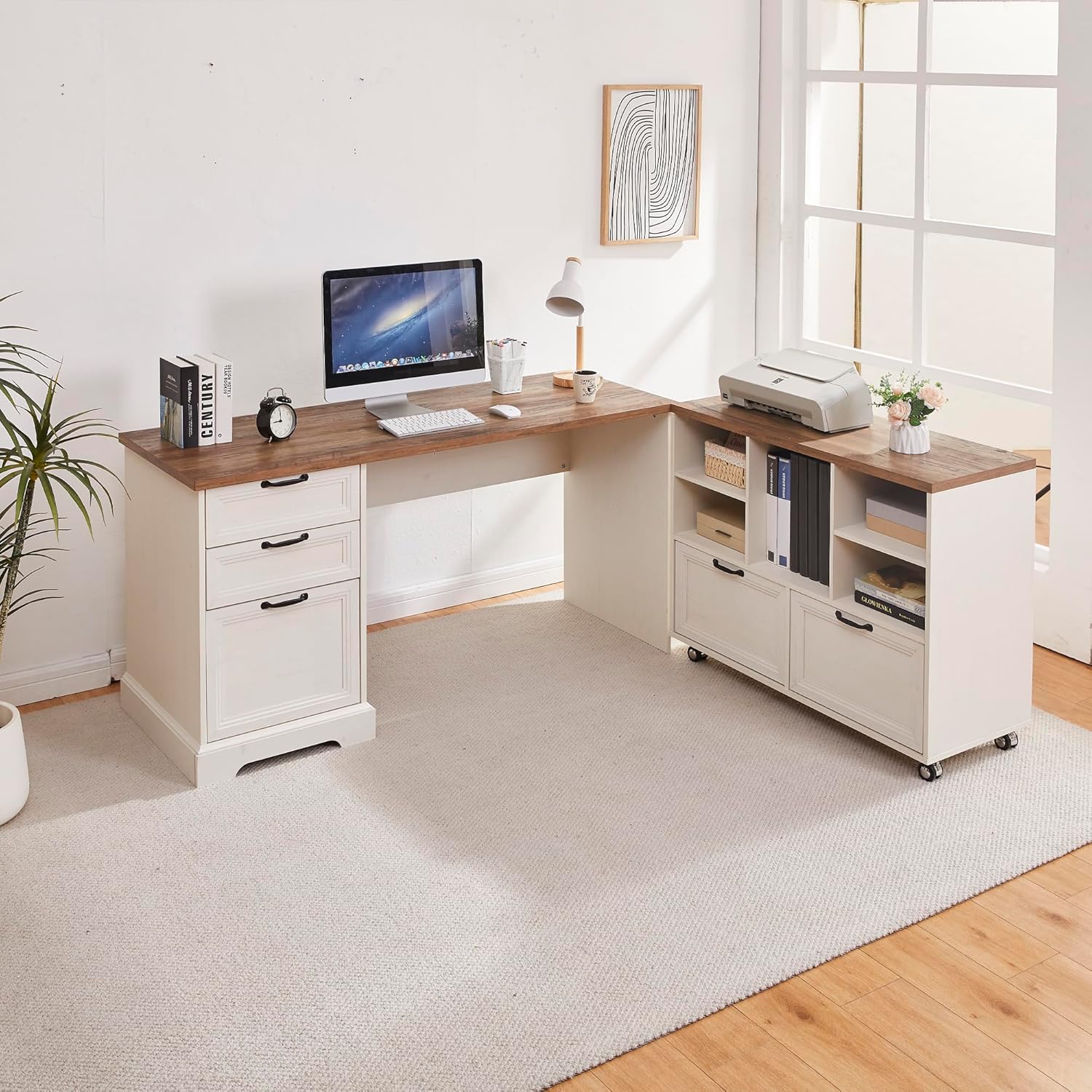 60" L-Shaped Executive Desk with 40" File Cabinet,Farmhouse Home Office Desk with Charging Station,Wood Computer Desk Set for Office Work,Home Study