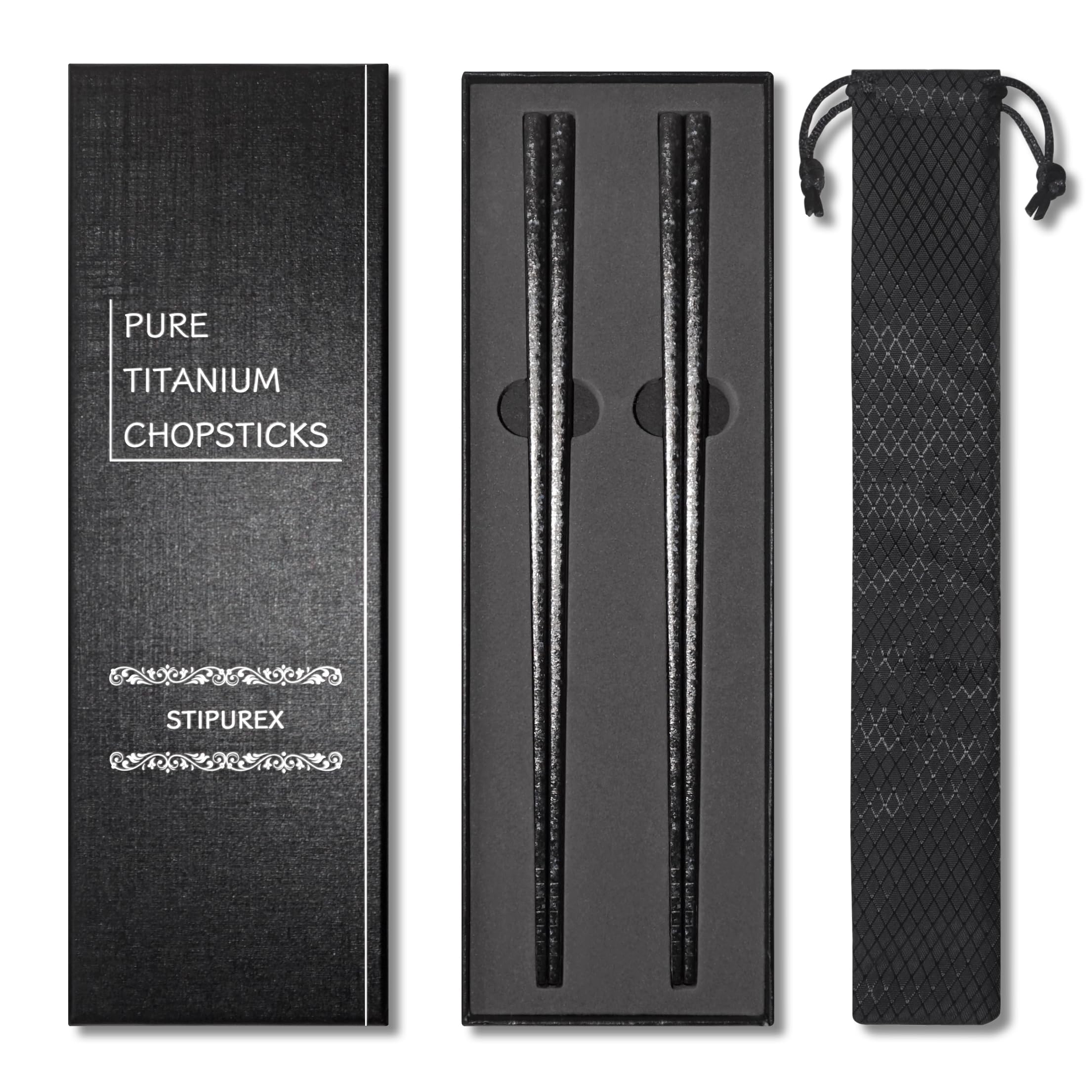 Titanium Chopsticks 2 Pairs 99.8% Pure Titanium Reusable – Lightweight Non-Toxic Utensils with Gift Box & Travel Pouch for Home, Camping, Hiking, Office Lunch (Solid Black)