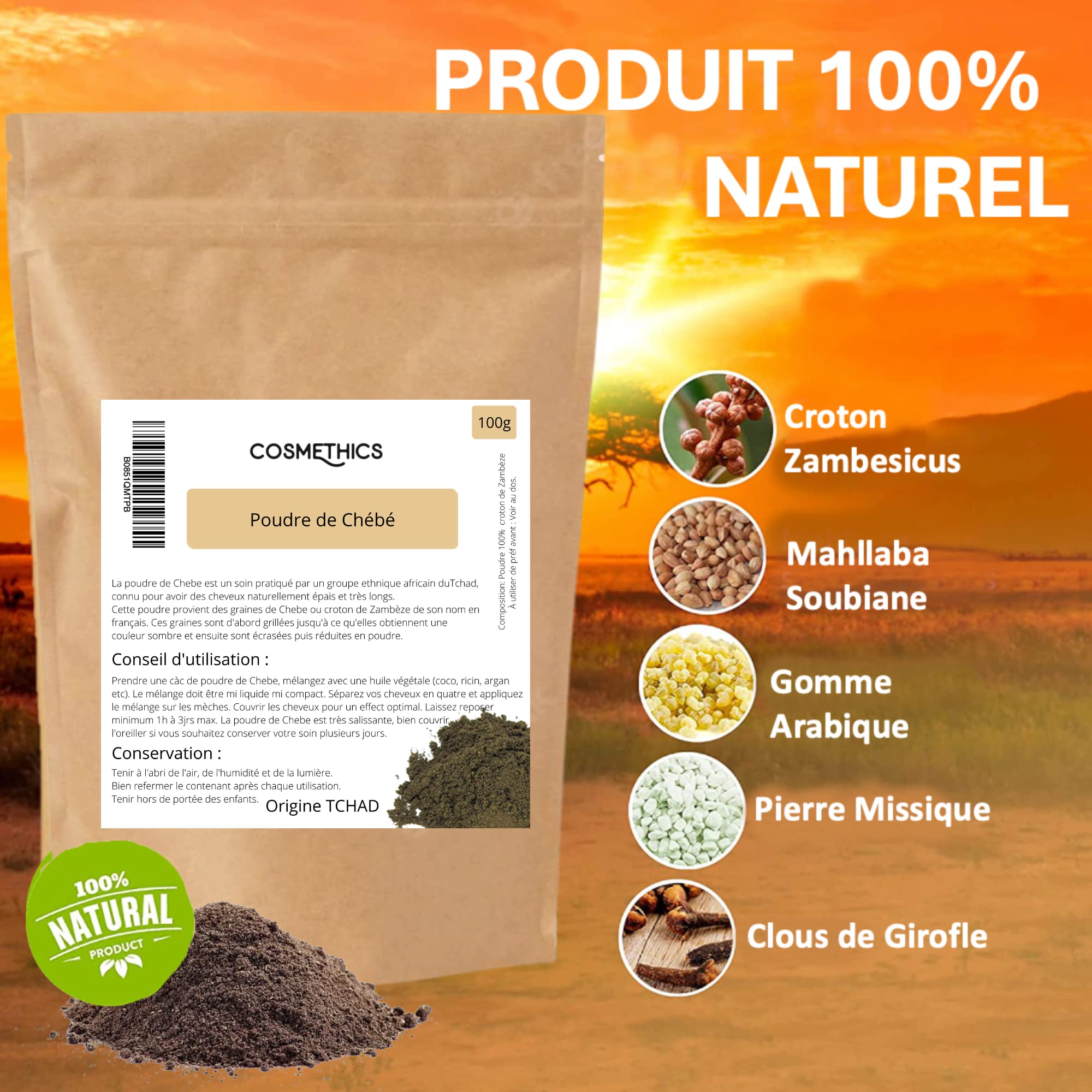 Poudre De Chébé Du Tchad 100% Naturelle – Pour Pousse Et Soin Des Cheveux – 50g