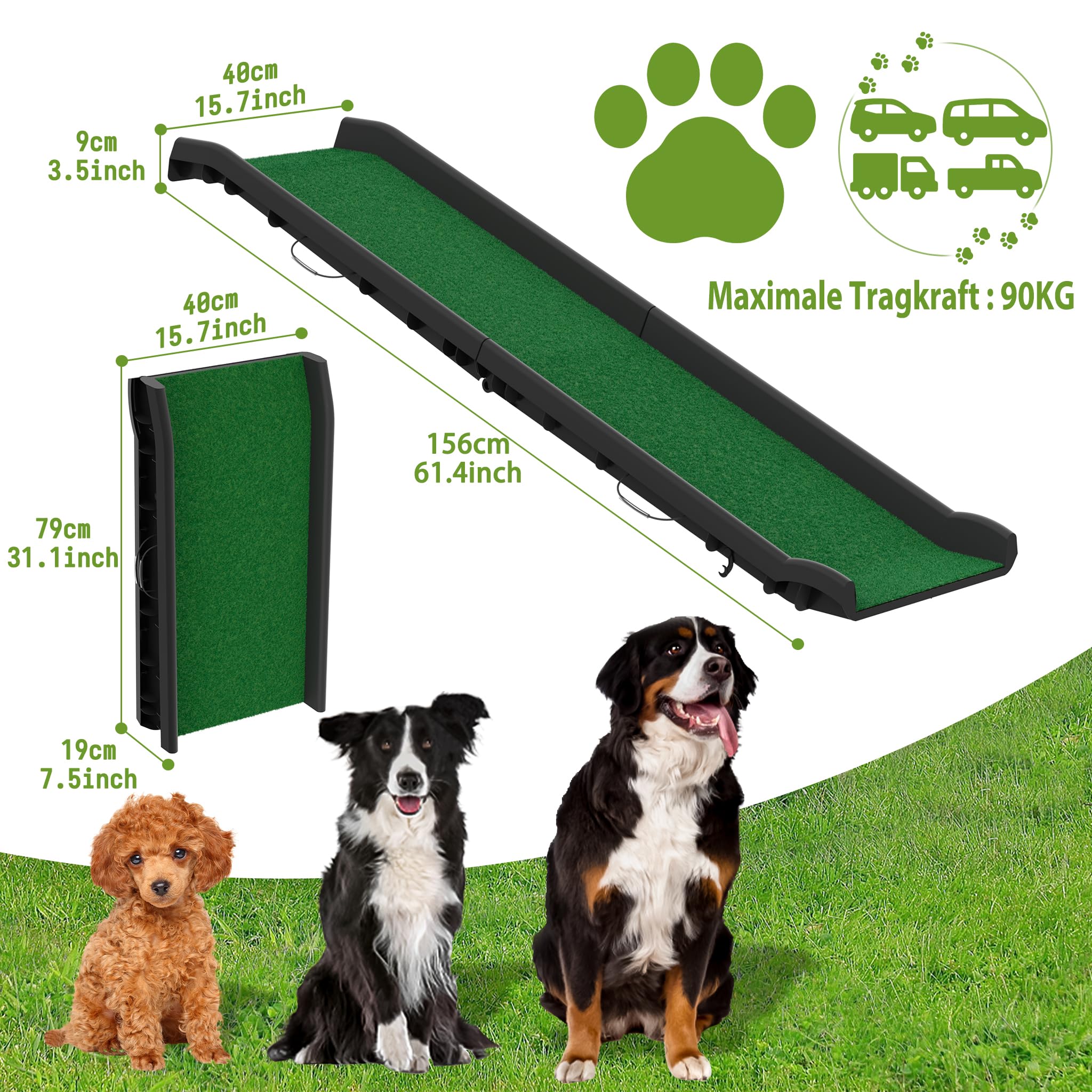 YRHome Hunderampe Auto klappbar 156 x 40cm Kunststoff Anti-Rutsch Autorampe Kofferraumrampe für Haustiere Hunde-Rampe Hundetreppe Einstiegshilfe für Kofferraum Robust bis 90 kg Grün