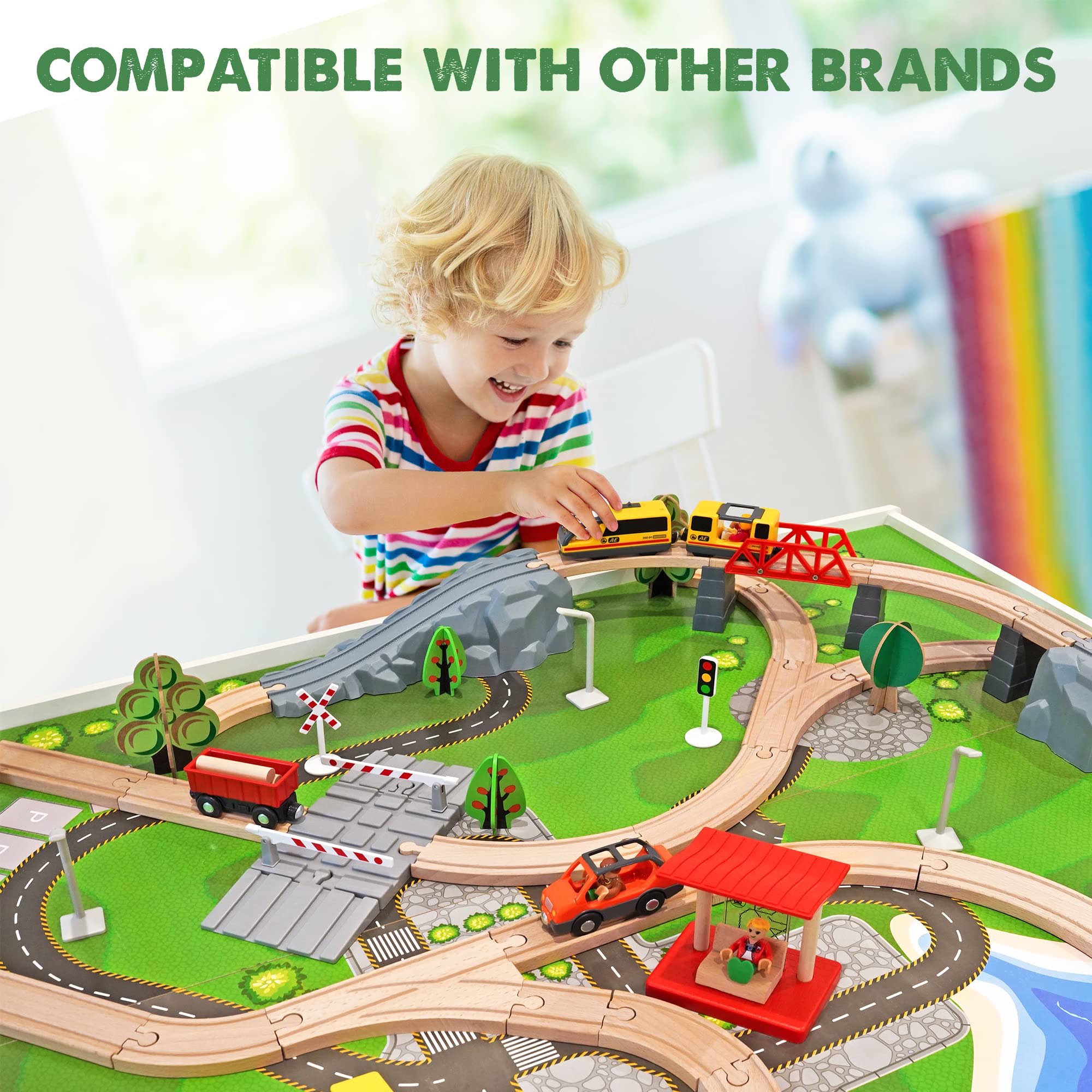 Tiny Land 74 Pcs Wooden Train Set with Battery Operated Train & Wooden Tracks -fits Thomas, fits Brio, fits Chuggington, fits Melissa and Other Major Brands- Kids Toys for 3+ Years Old Boys & Girls