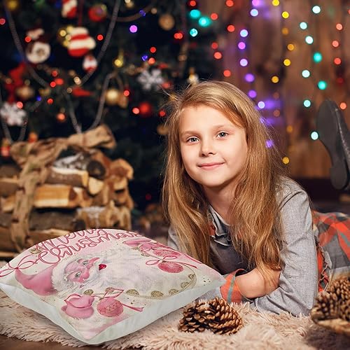 Miniatura 5 de Juego de 4 fundas de almohada de Navidad de 18 x 18 pulgadas, decoraciones de Navidad rosadas, fundas de almohada de Navidad de invierno,