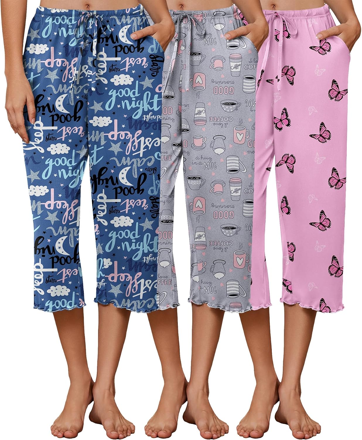 Ekouaer 3 Pack Women Capri Pajama Pants 2026 Ruffle Hem Lounge Pants Drawstring Pj Bottoms with Pockets