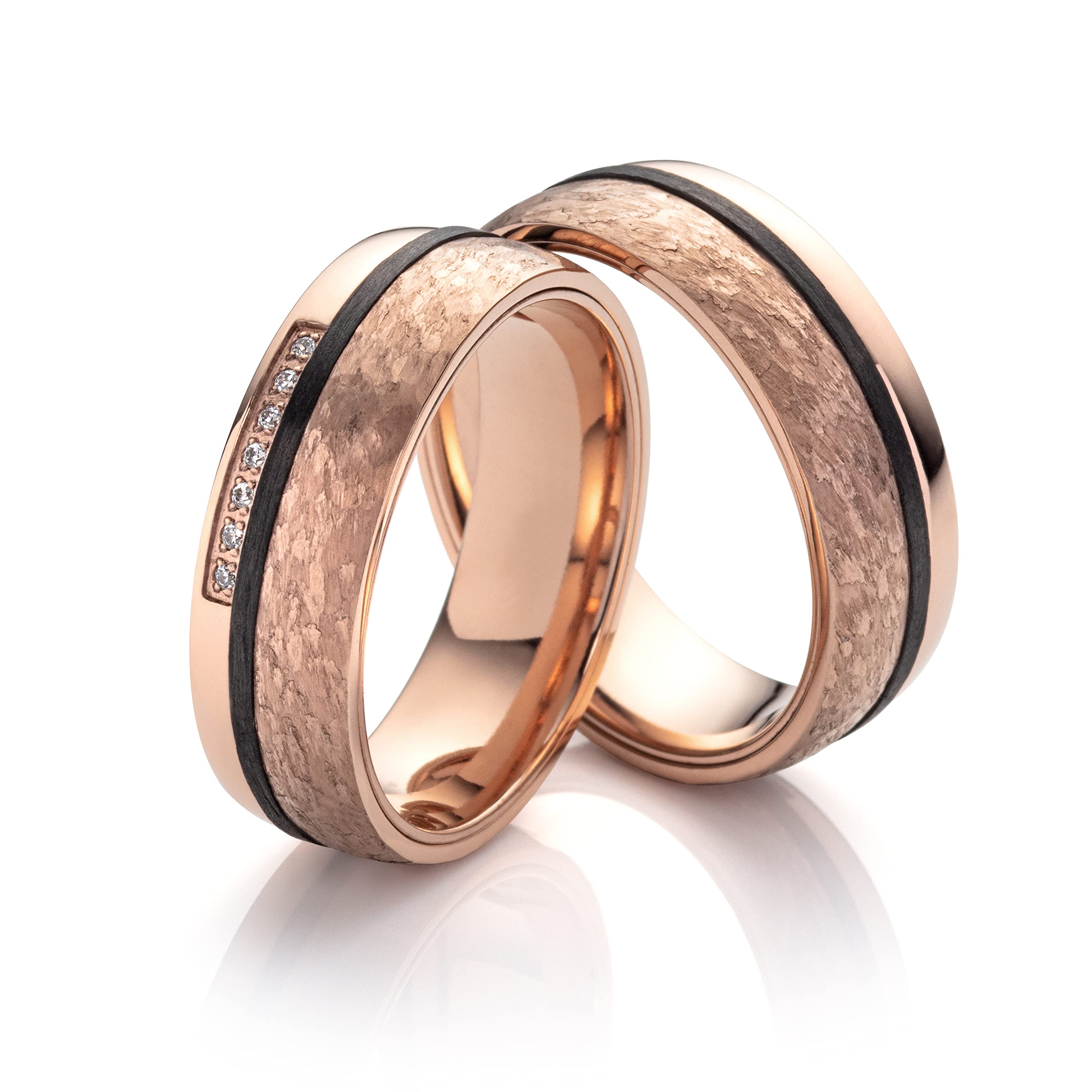 Partnerringe & Eheringe aus Titan Carbon – 7 mm Ringpaar rosé beschichtet mit 7 Zirkonia, Trauringe mit Gravur und Etui | 3910