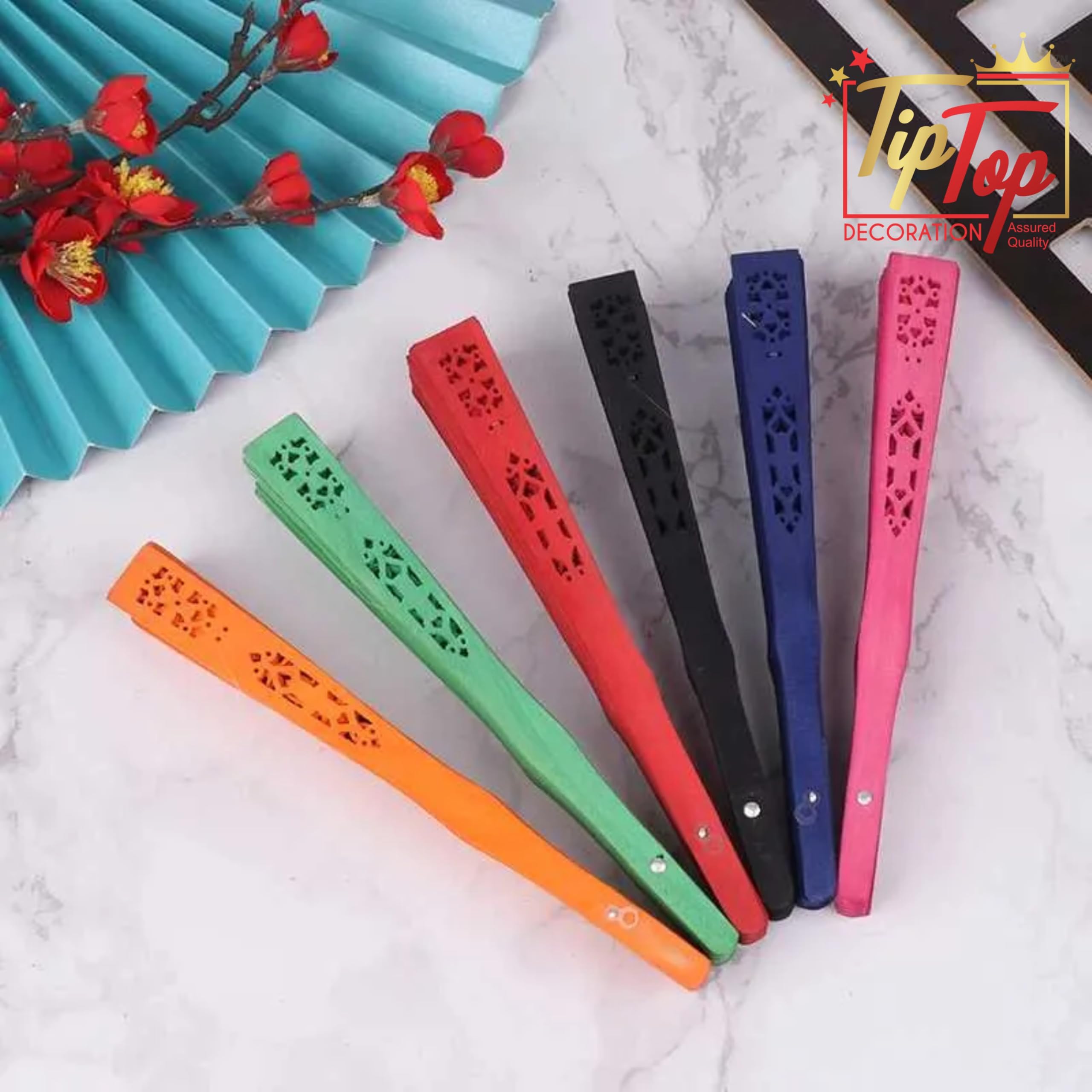 TIPTOP DECORATION Premium Traditional Dyed Folding Wooden Hand Held Fan (Coal Black, Pack Of 1) 2