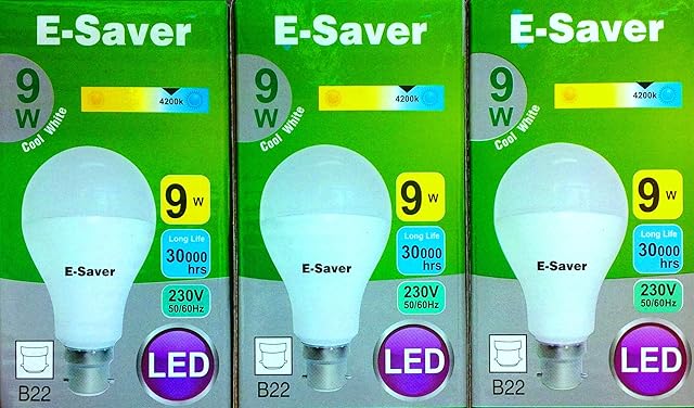 E-Saver - LED Standard GLS A60 (Globe) - Led Light Bulbs - 9w = 80 watt - (Pack of 3) - 4200k Cool White LED Bulbs - 850Lm - Bayonet Light Bulb - (BC - B22- B22d)