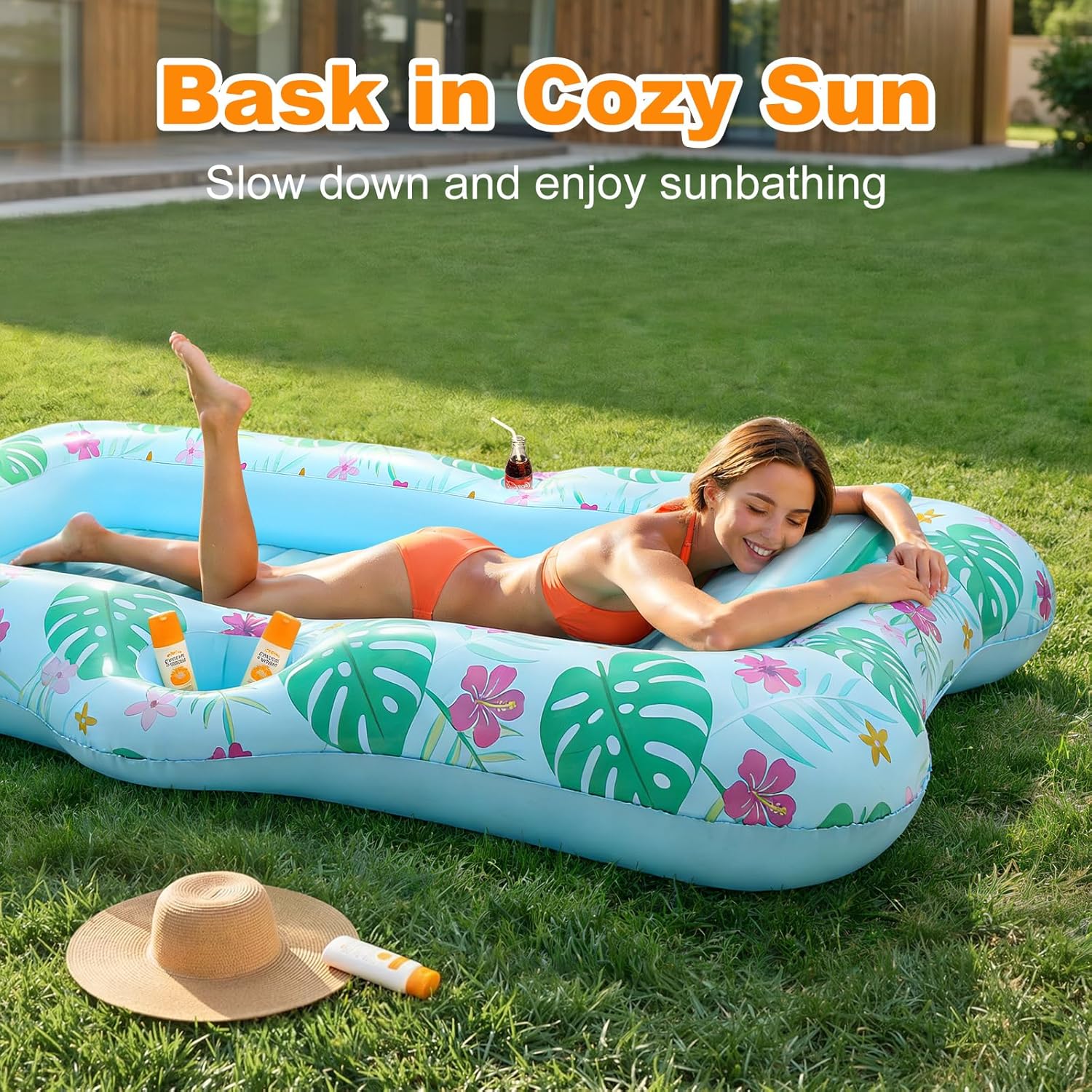 HeySplash Inflatable Pool Float Lounge, Large Inflatable Pool Floats Boat for Adults with Cup Holder/Pillow, Tanning Pool Lounger Float for Outdoor Lake River Summer Water Party