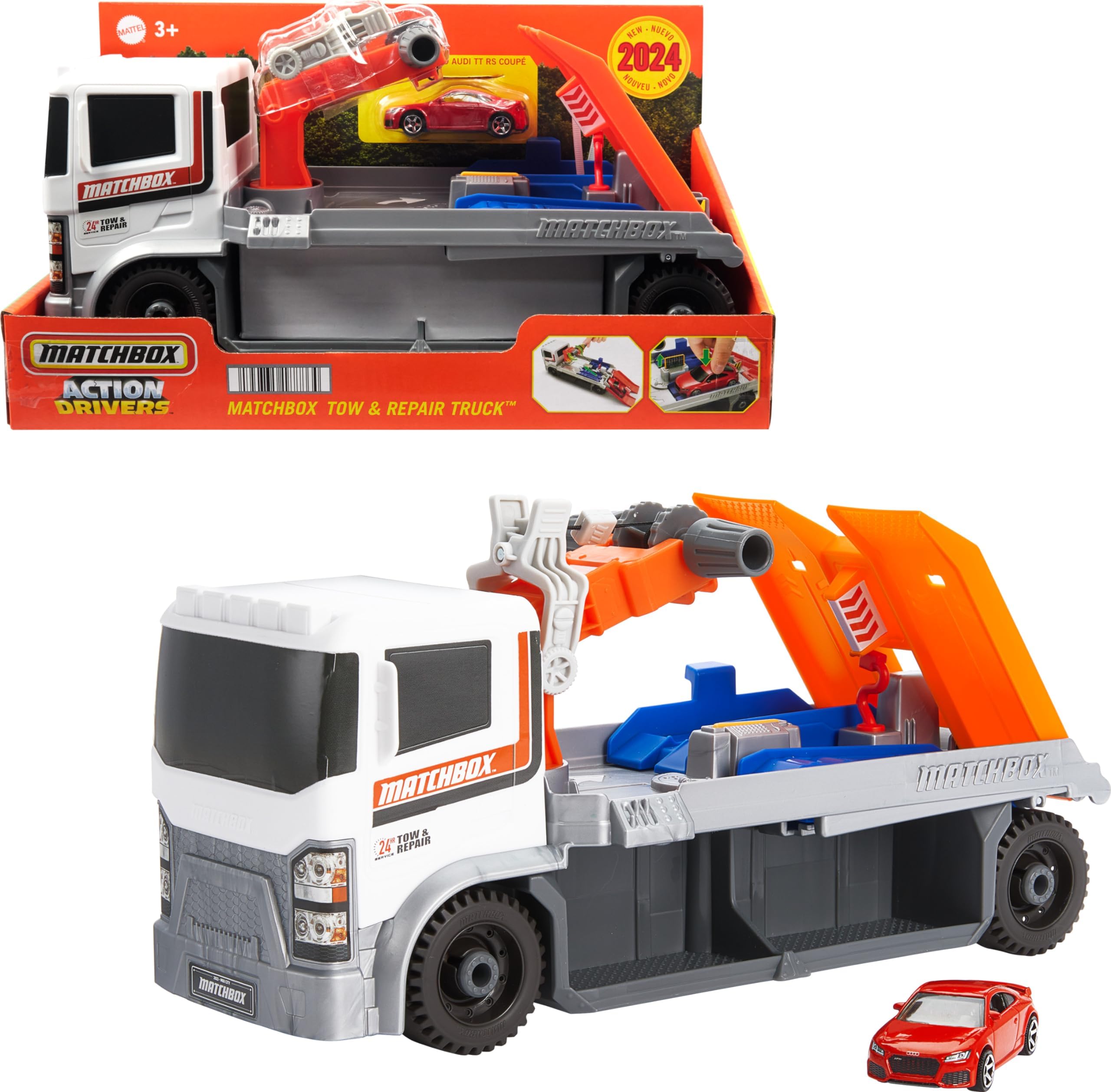 Toy Car & Playset, Action Drivers Tow & Repair Truck with 1:64 Scale Toy Audi TT RS Coupe, Working Crane & Diagnostic Machine
