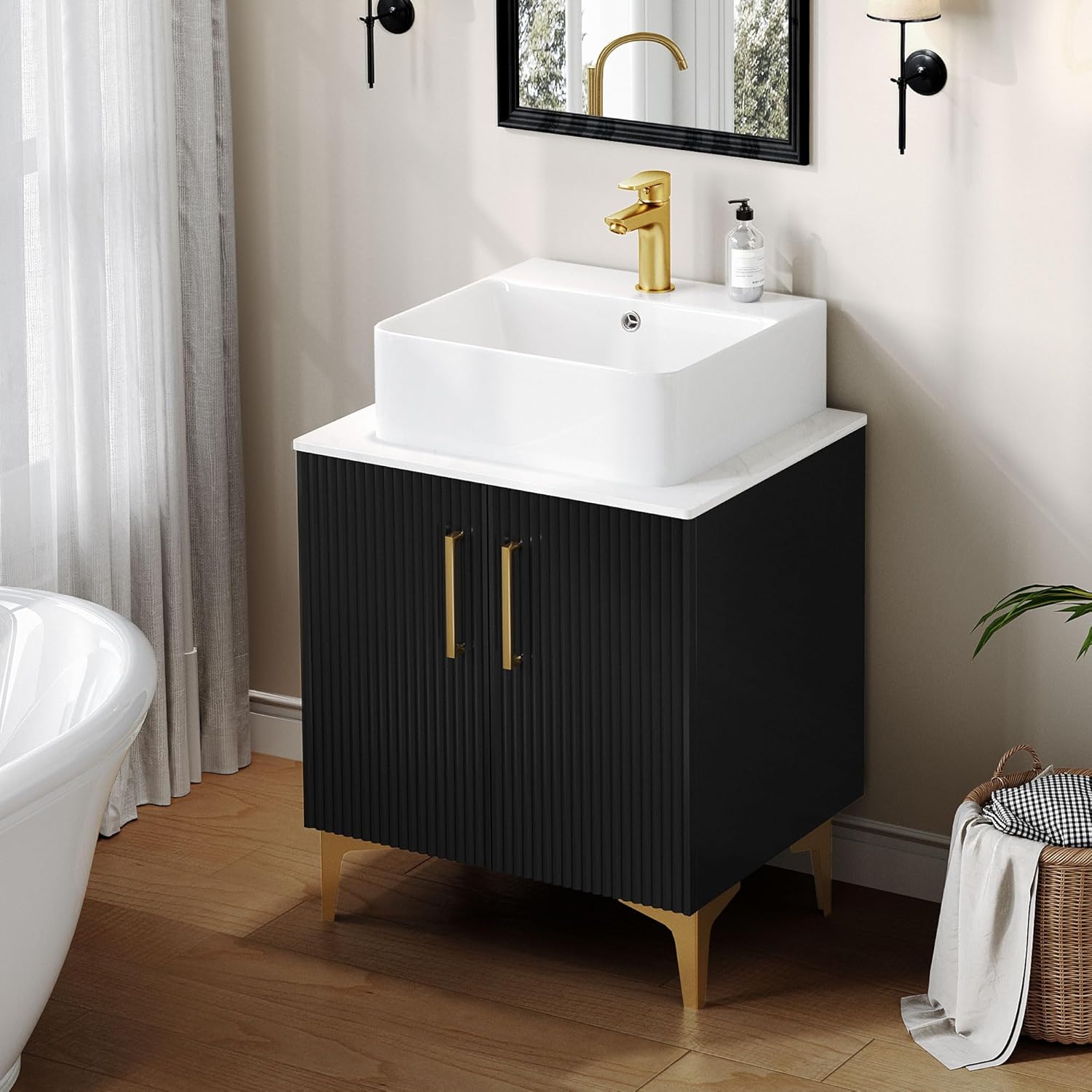 DWVO Bathroom Vanity 24 Inch with Counter Top Sink Combo, Modern Bathroom Storage Vanity Cabinet Set Included 2 Large Soft Closing Doors, Drain, Gold Handles & Legs, Black