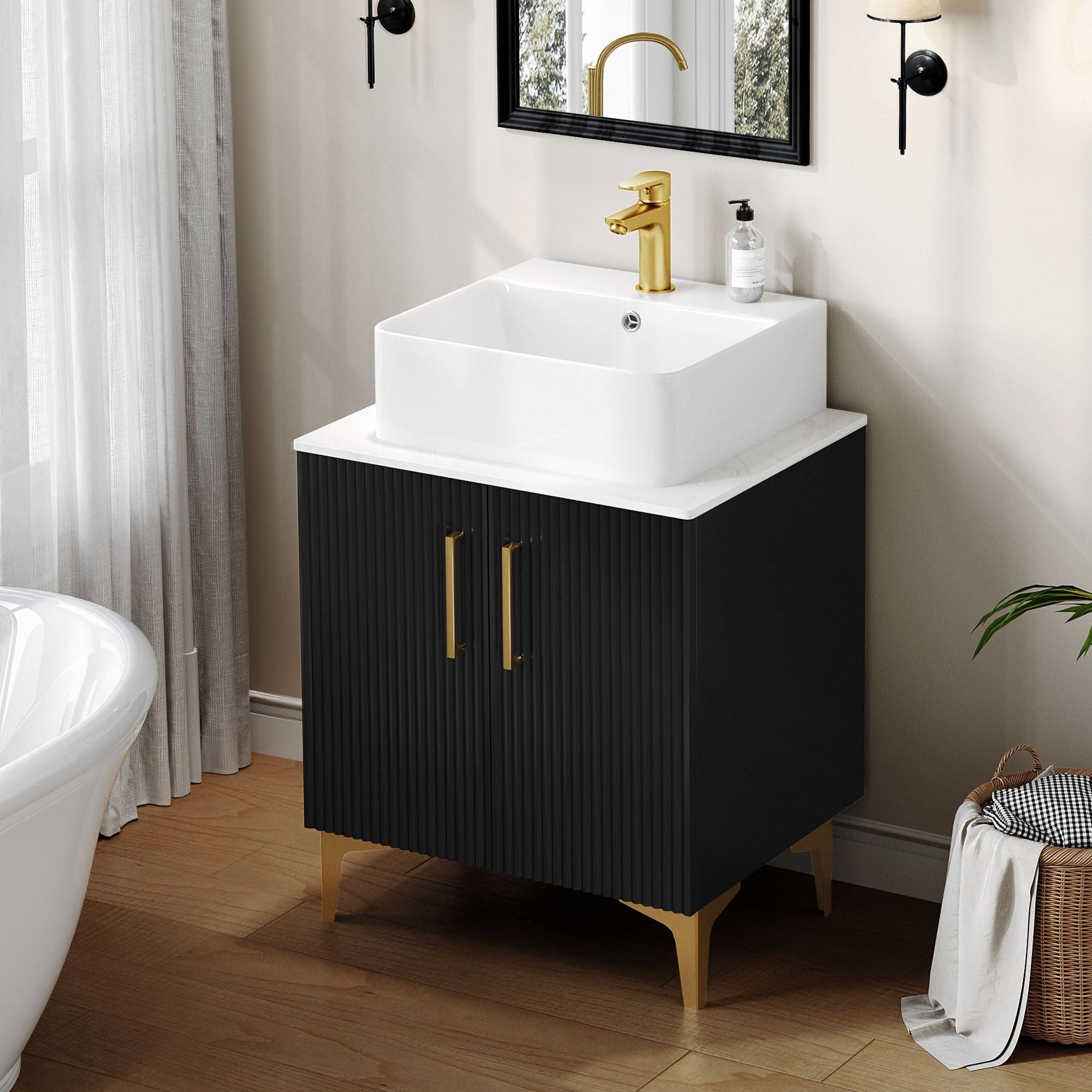 DWVO Bathroom Vanity 24 Inch with Counter Top Sink Combo, Modern Bathroom Storage Vanity Cabinet Set Included 2 Large Soft Closing Doors, Drain, Gold