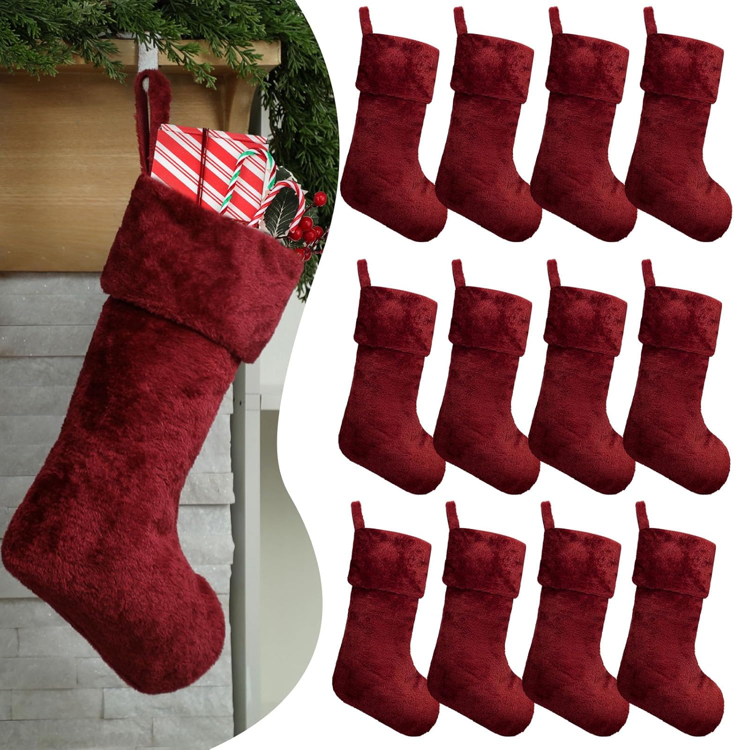 12 Pcs Christmas Stocking 18'' Bulk Thick Plush Fabric Hanging Christmas Stocking Decorations for Xmas Holiday Family Party Tree Fireplace Classic Ornaments (Wine Red)