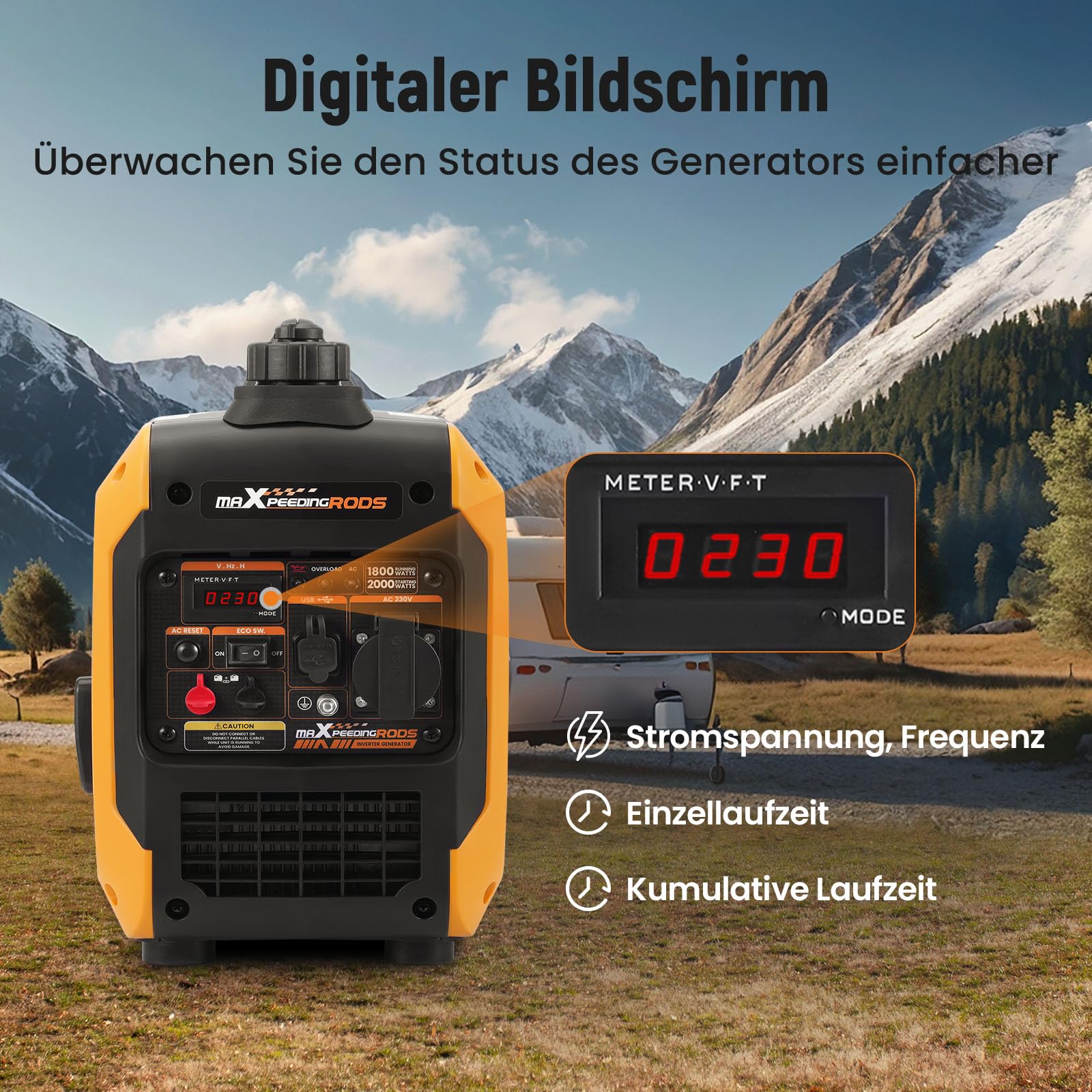 maXpeedingrods Inverter Stromerzeuger 2000W Stromgenerator Benzin 4 Takt mit USB und 230V Steckdosen, Digitalanzeige, kompakt und leicht für Camping, Outdoor Reise, Wohnmobil