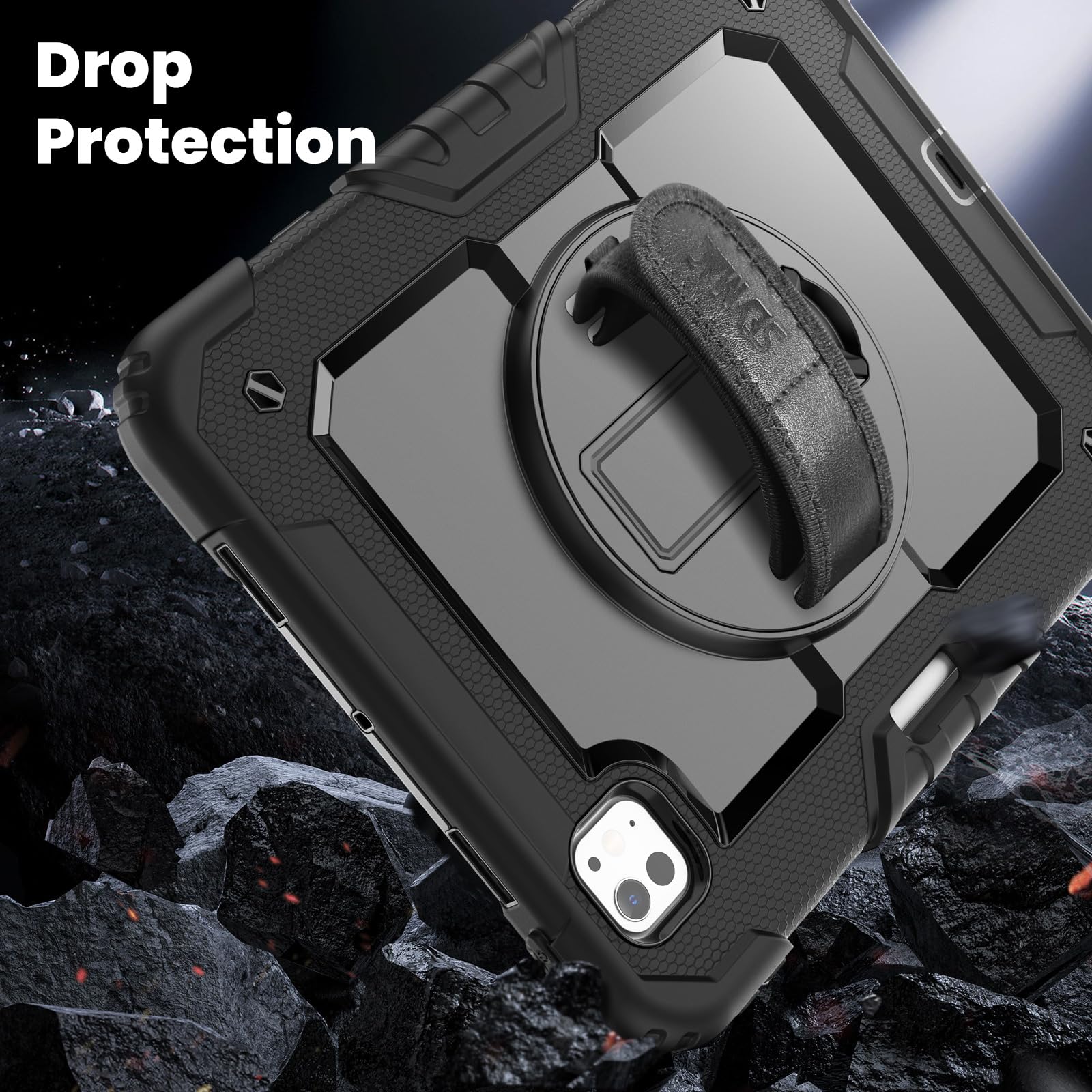SEYMAC Funda para iPad Pro 11 Pulgadas M5/M4 2025/2024, Funda Resistente a Impactos con Protección para Pantalla, Soporte Giratorio 360°, Correa para el Hombro y Soporte para Lápiz, Negro