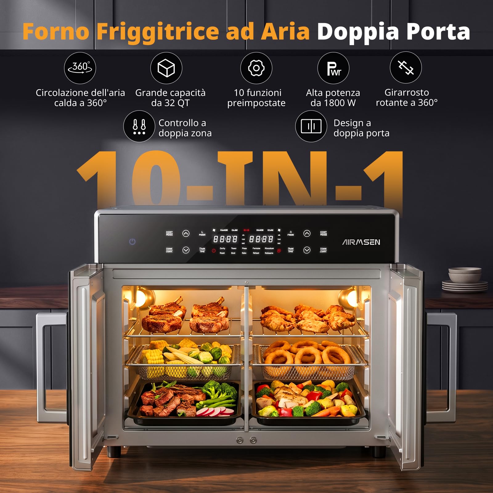 AIRMSEN Forno Friggitrice ad Aria Doppia Porta, 10-in-1 Multifunzione, 30L