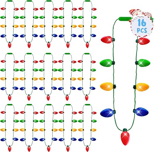 16 collares de Navidad iluminados, rojo, amarillo, azul, verde, collar iluminado para mujeres y hombres, 9 bombillas brillantes, accesorios de