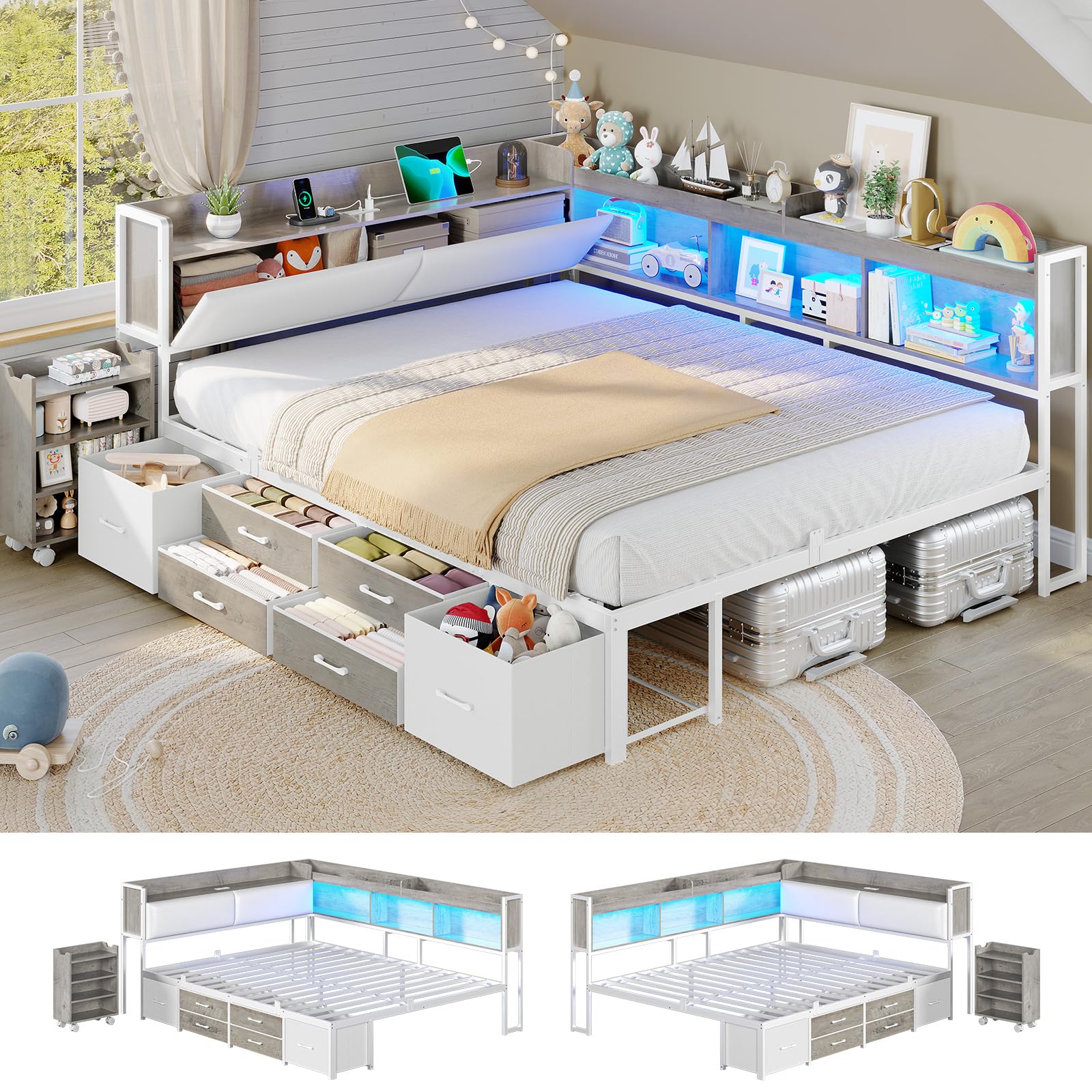 msmask 14 inch corner bed frame with pull-out cabinet, bookcase & headboad storage, full led daybed with 6 drawers, charging station, full size metal platform bed for kids teen, white & oak grey (incomplete one box only)