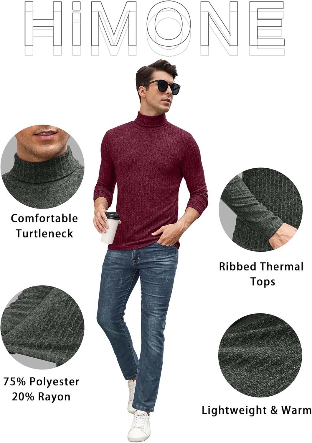 HiMONE Men Turtleneck Shirts Lightweight Long Sleeve Turtle Necks Ribbed Thermal Tops S-XXL - Image 2