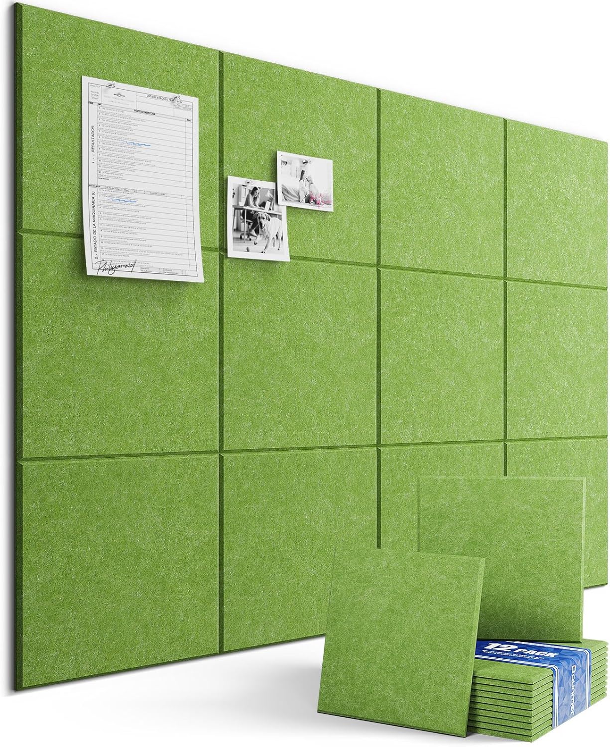 Large Bulletin Board 48" x 36" - 12 Pack Felt Wall Tiles with 60 Pcs Safe Removable Adhesive Tabs & 30 Pcs Pushpins, Cork Board for Office, School - Sage Green