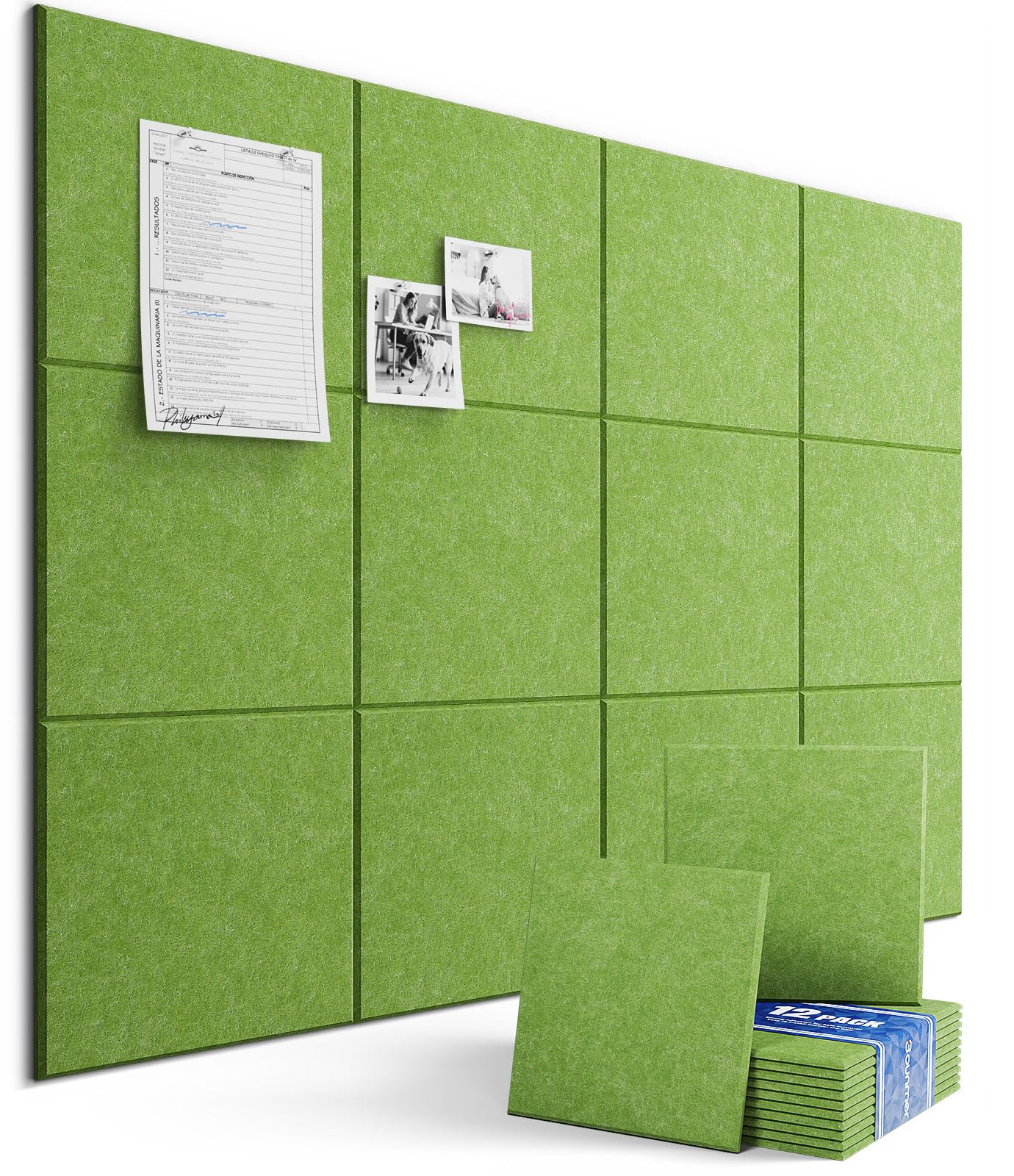 Large Bulletin Board 48" x 36" - 12 Pack Felt Wall Tiles with 60 Pcs Safe Removable Adhesive Tabs & 30 Pcs Pushpins, Cork Board for Office, School -