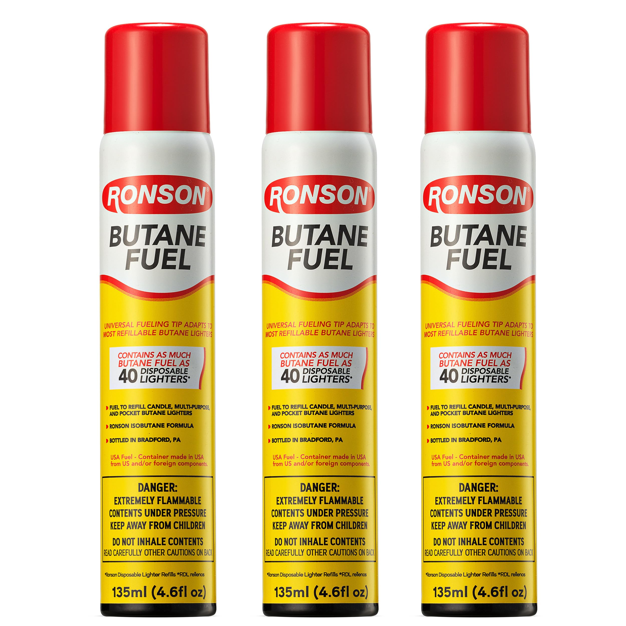 Ronson Butane Fuel Refill 135ml – Pack of 3 – Universal Lighter Fluid Refill for Torch, Kitchen, and Utility Lighters – Clean Burning Butane Gas for Refillable Lighters