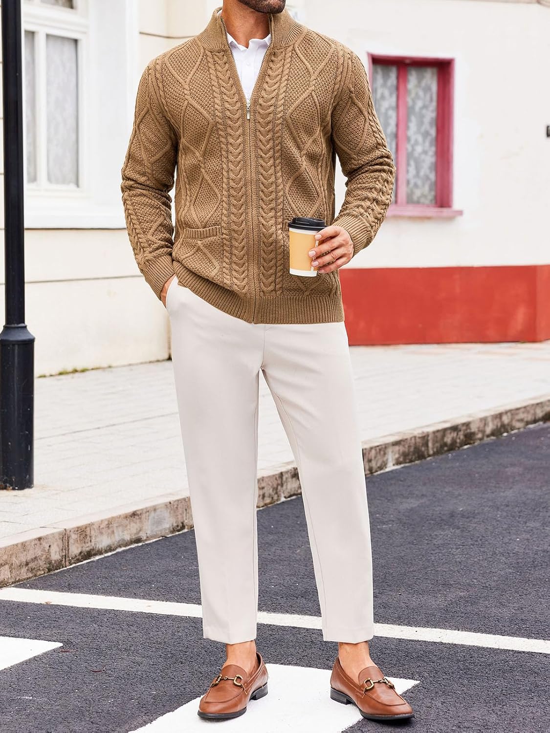 Runcati Mens Full Zip Cardigan Sweater Casual Cable Knitted Mock Neck Ribbed Winter Sweaters - Image 4