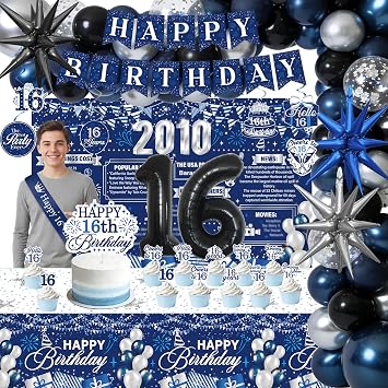 Happy 16th Birthday Decorations - 104PCS 16 Year Old Bday Supplies Decor for Boys, Back in 2010 Banner Hanging Swirls Backdrop Cake Topper Cupcake Toppers Tablecloth Sash Balloons Arch Set