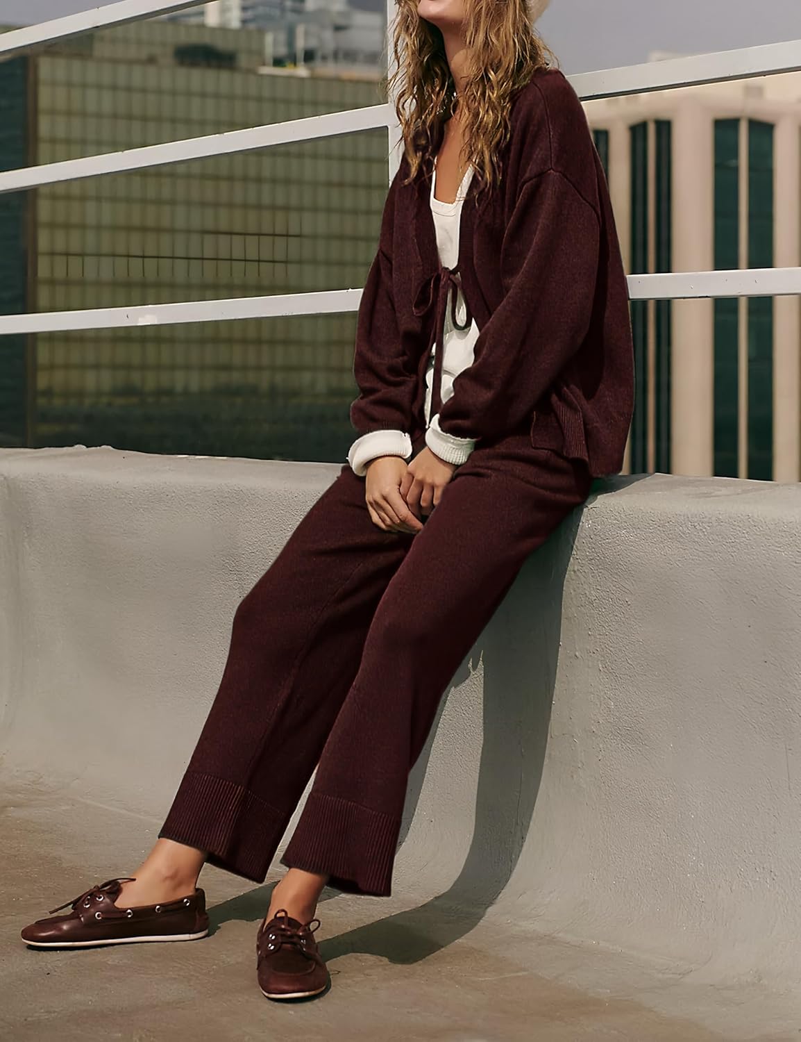 Womens Two Piece Sweater Sets Comfy Loungewear Set V-Neck Cardigan Pant Matching Pajama Sets Sweatsuit Outfits