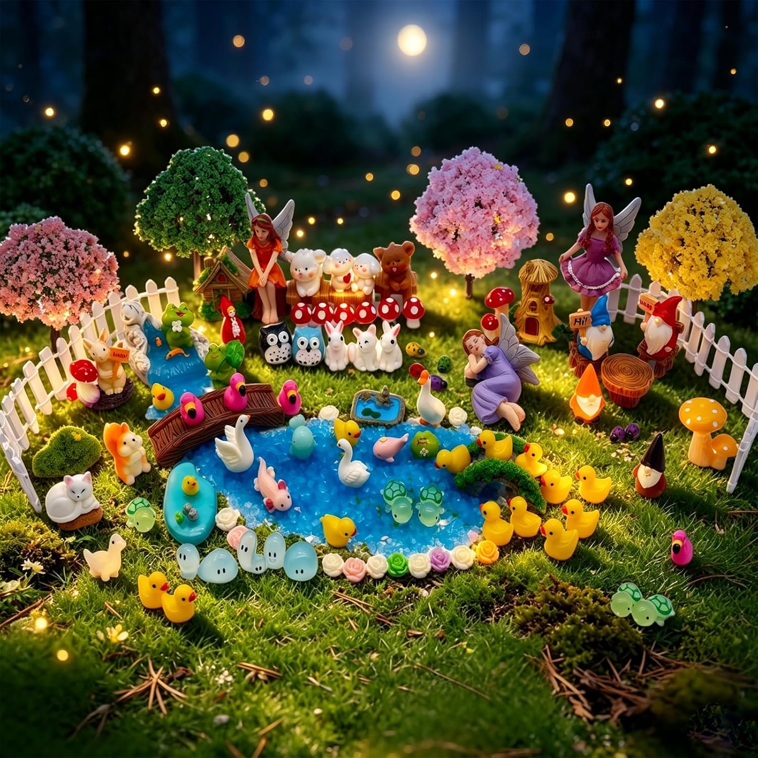110 Pcs Fairy Garden Accessories Set - Mini Resin Figurines with Houses, Animals, Trees, Bridge, Pond, Gnomes & DIY Decor for Dollhouse, Indoor Outdoor Plant Pots, Crafts, Party Favors