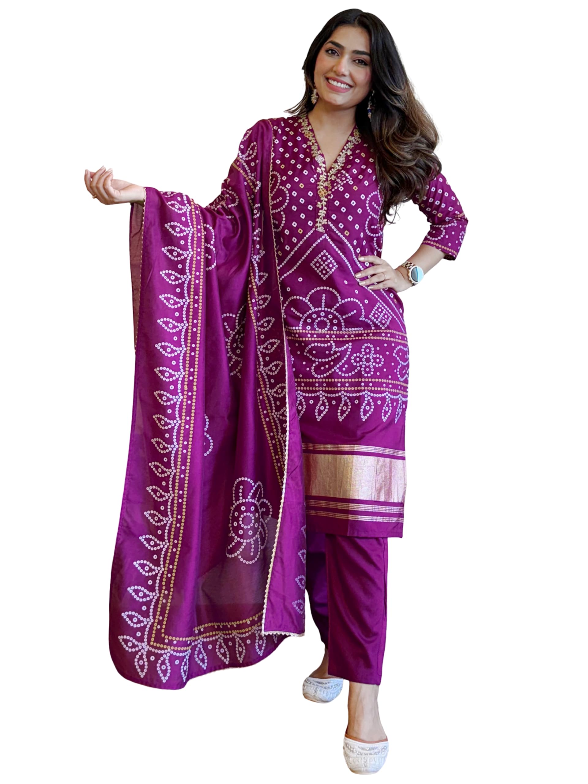 Women Bandhani Printed Viscose Kurta Salwar Suit with Embroidered V-Neck, Three Quarter Sleeves & Chanderi Cotton Dupatta | Traditionals Wear-picture-25