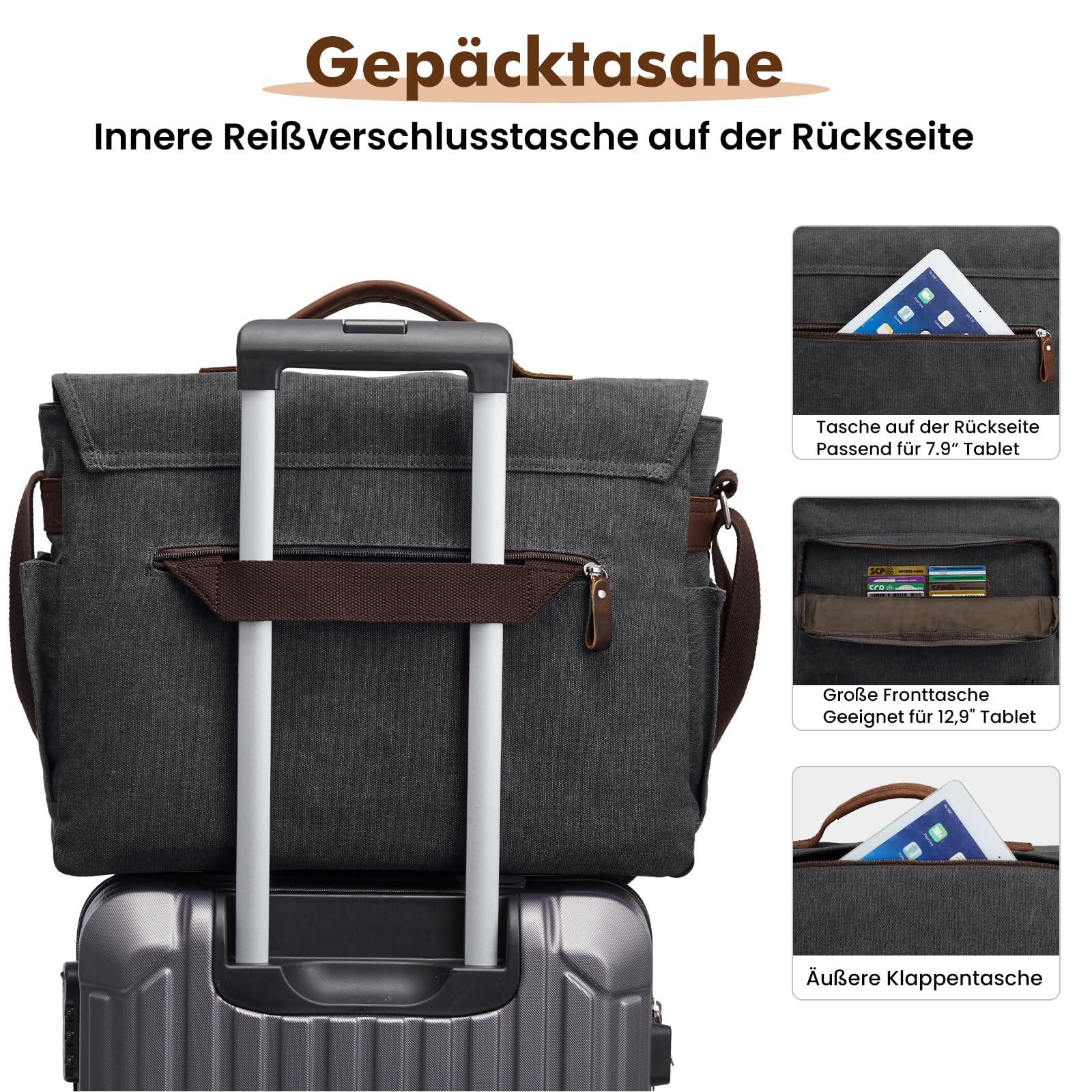 S-ZONE Herren Umhängetasche 17,3 Inch Übergröße Messenger Bag Canvas Laptoptasche Aktentasche Schultertasche Arbeitstasche mit Gepäckfach
