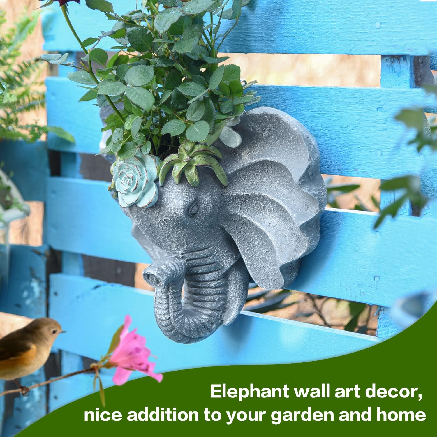 Sungmor Resin Elephant Head Wall Pot, Unique Bohemian Style Animal Face Planter, Vertical Hanging Plant Pot, Pretty Decorative Flower Pot for Indoor Outdoor Plants, for Gardening Lovers