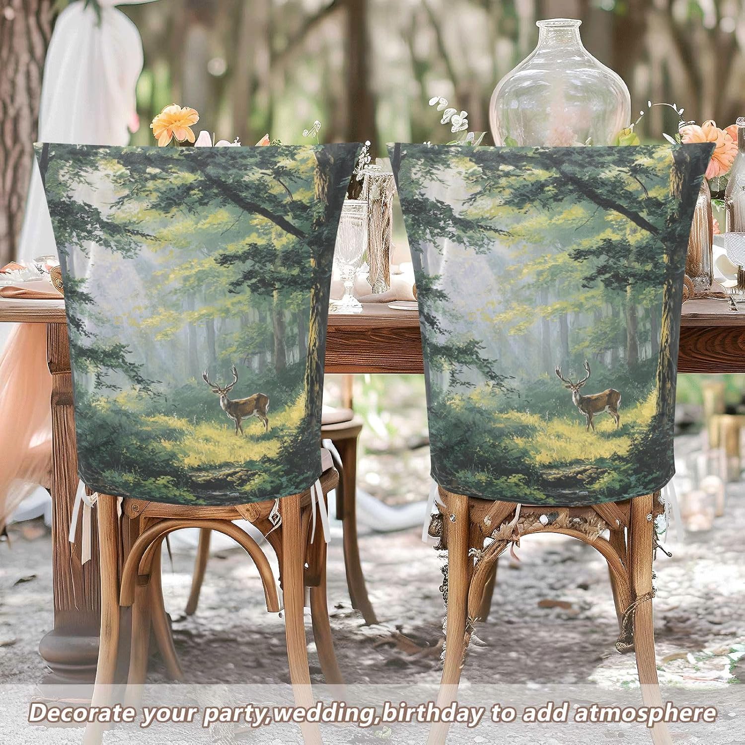 ALAZA Deer in Spring Forest Chair Back Cover Set of 6, Washable Reusable Removable Chair Slipcovers Decorative Chair Cover for Home Kitchen Wedding Party