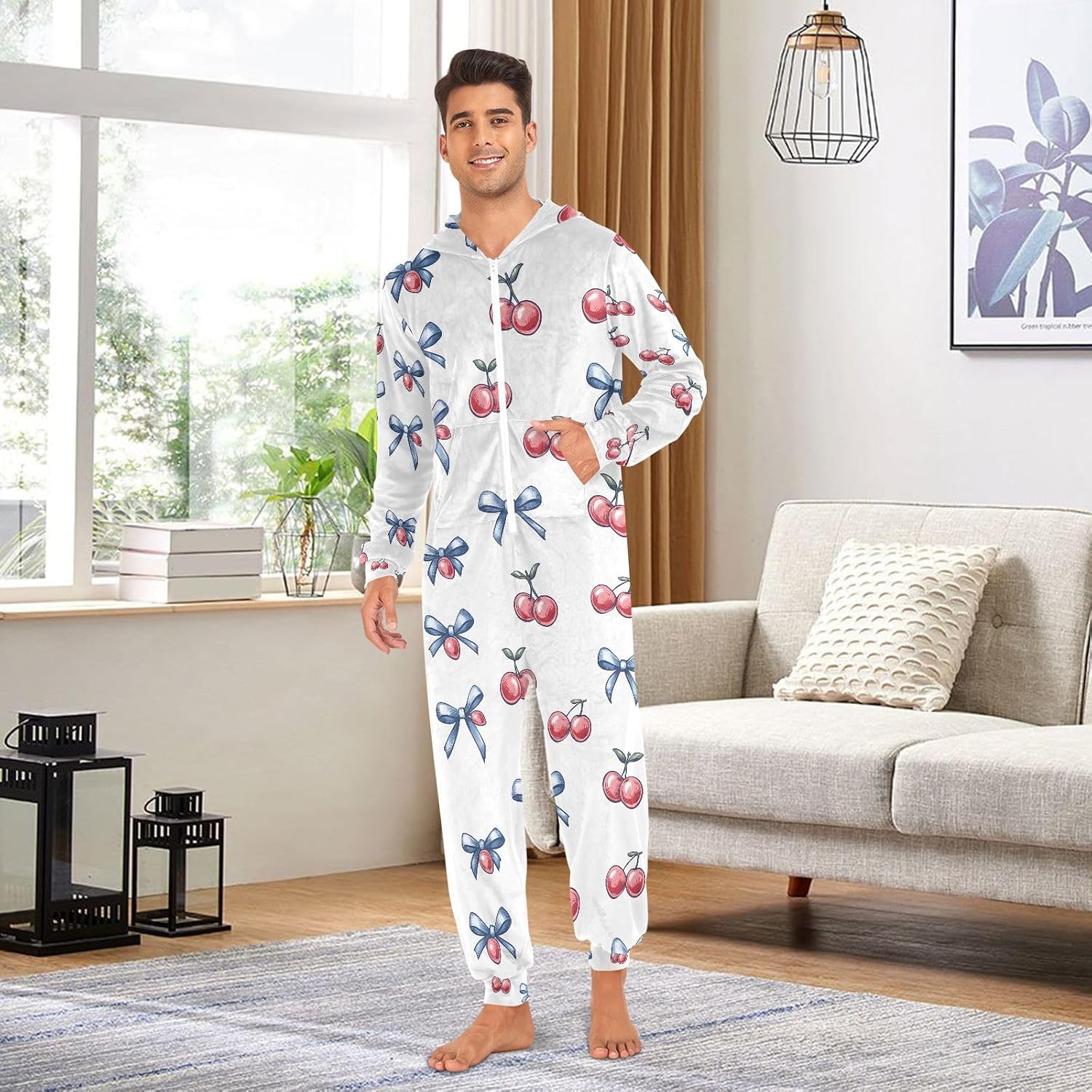 Cherry Blue Bow Adult Onesie Pajamas Novelty One Piece Costume Sleepwear Jumpsuits Matching PJS