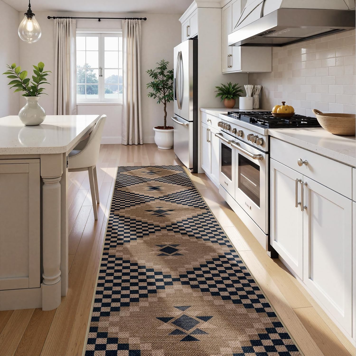 LIVEBOX No Shed Jute Checkered Runners Rug for Hallways Non Slip 2.5x12, Ultra Thin Washable Runner Rug Farmhouse Long Rugs for Kitchen, Black and Beige Floor Carpet for Entryway Laundry Room