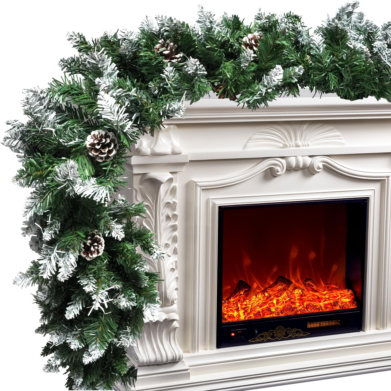 9 ft Snow Tipped Green Fir Garland Christmas with Pine Cones for Home Decoration, Artificial Garlands Christmas for Xmas Tree Stairs Fireplaces Garden Decor, Staircase Garland