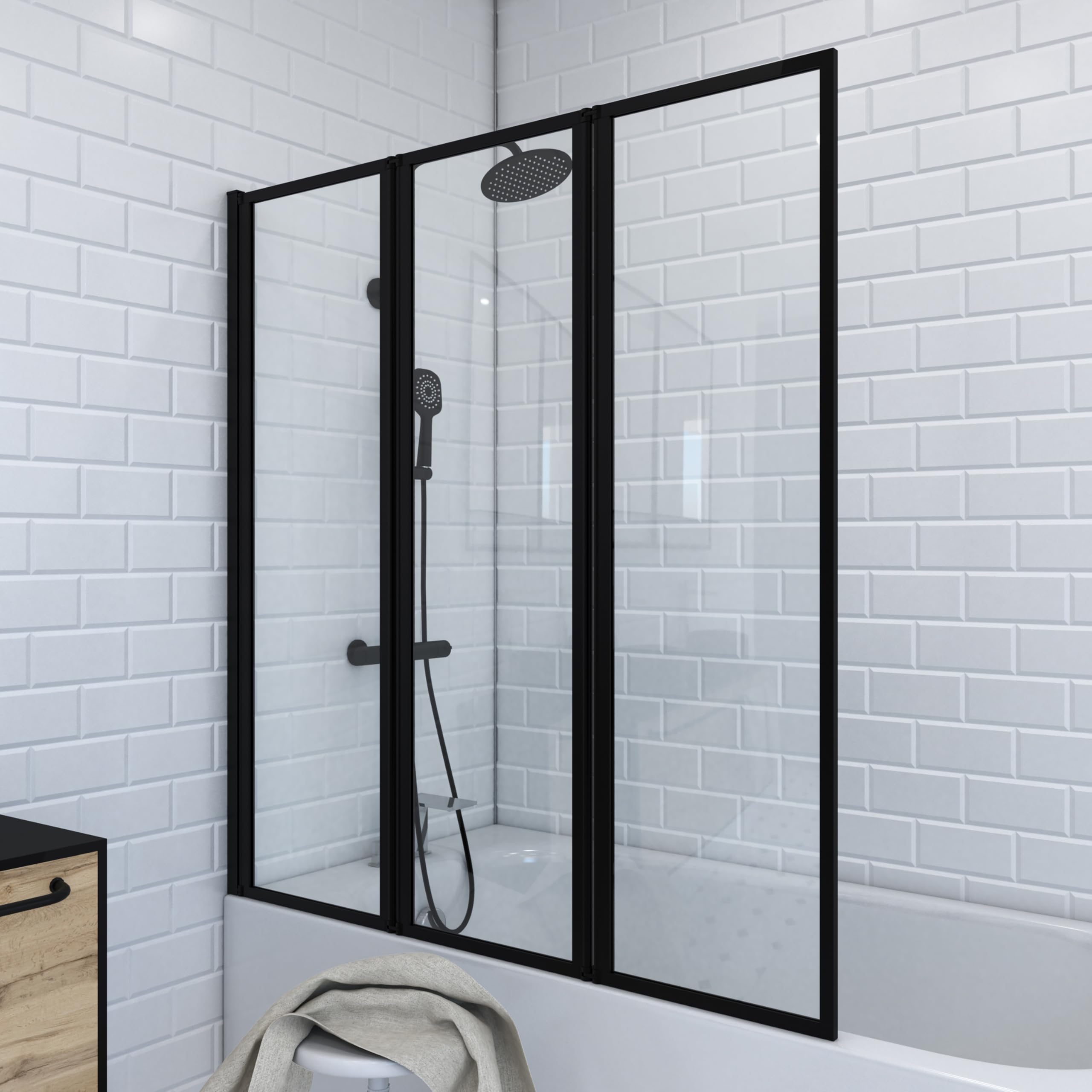 MARWELL Mampara de baño plegable triple negro en diseño moderno, negro mate, 125 x 143 cm, color negro