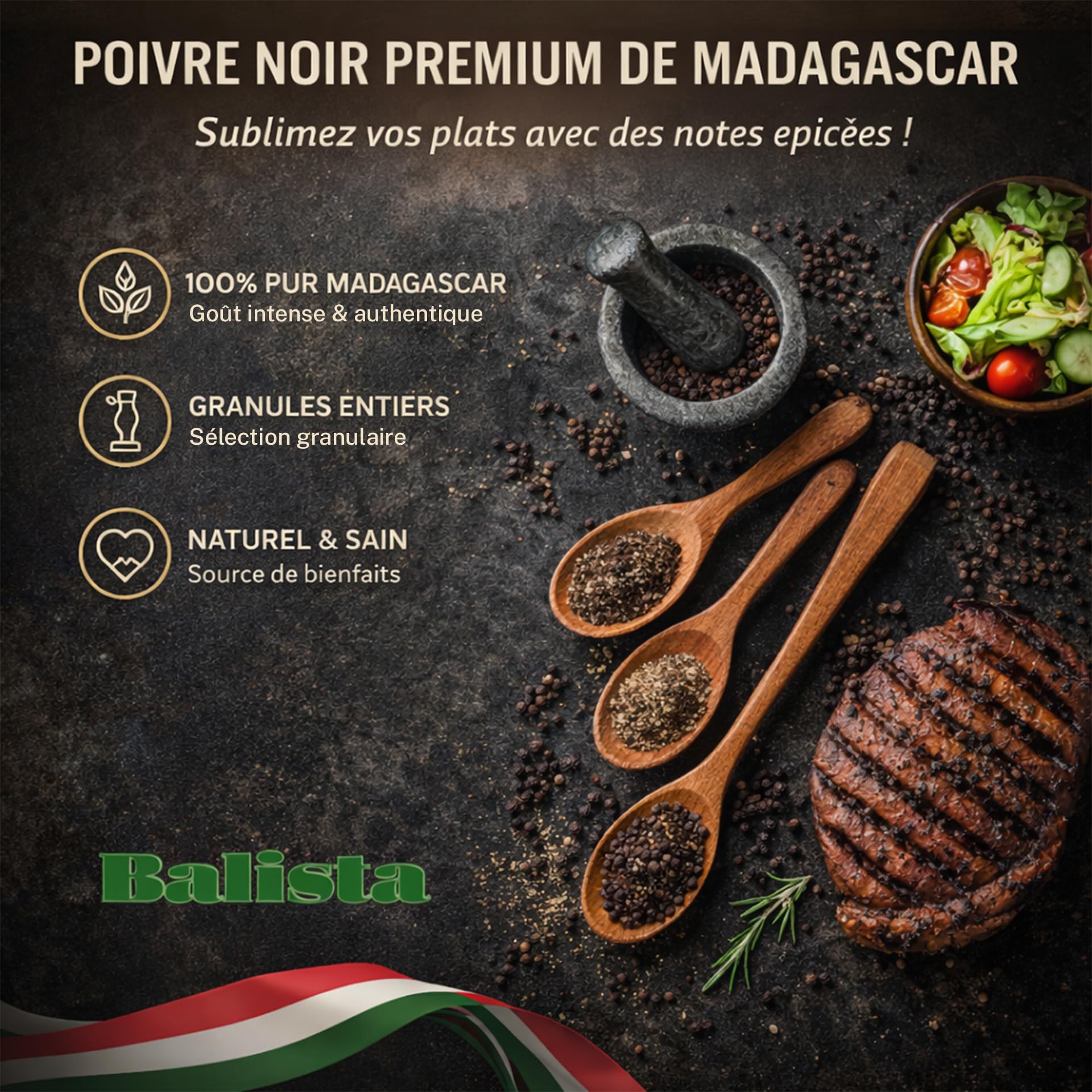 Poivre noir en grains de Madagascar 1 kg – Qualité professionnelle – Grains entiers 100% naturels – Usage restauration & cuisine – Balista