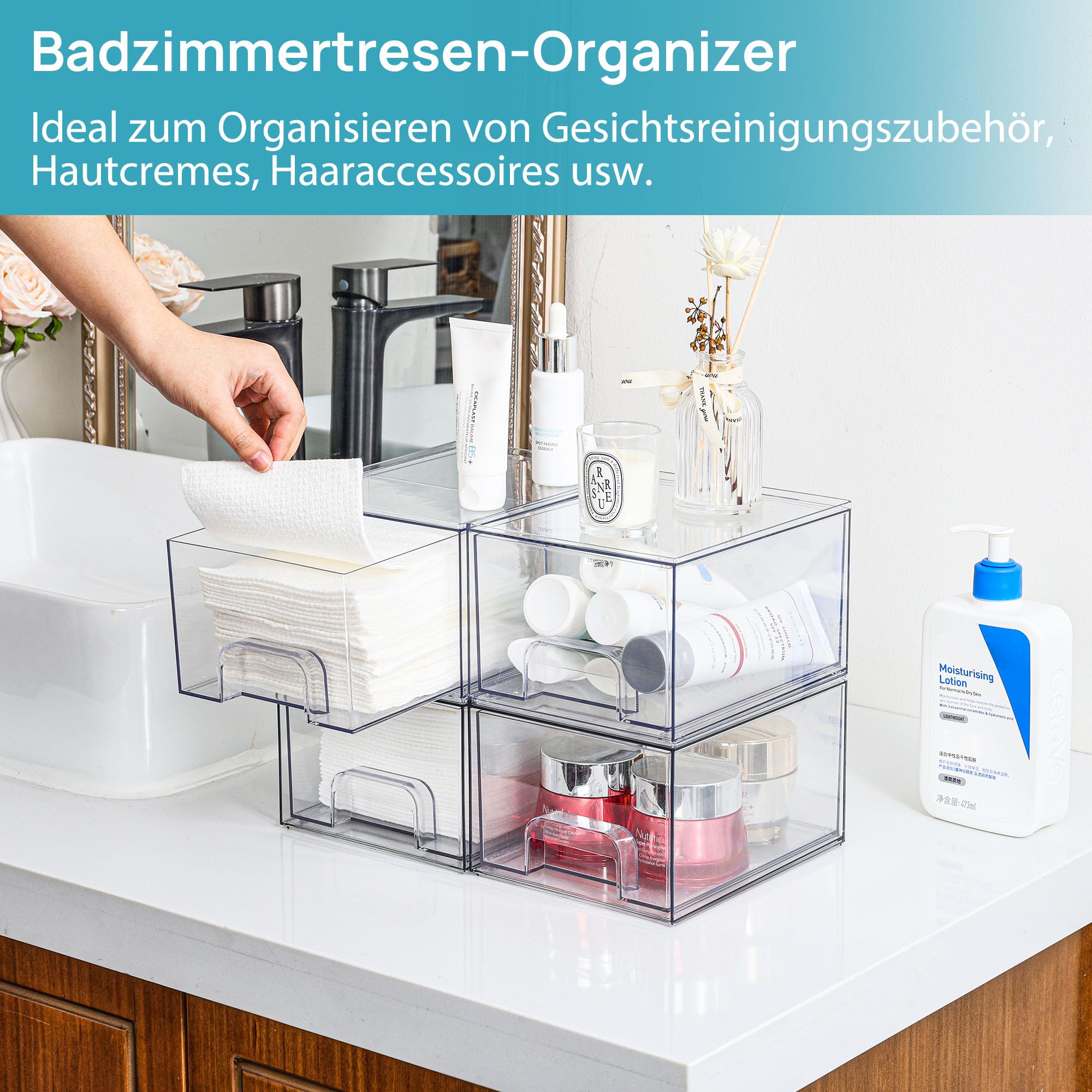 Vtopmart 4er-Set Kleine Stackable Storage Drawers, Acrylic Organiser with 32 Non-slip Mat, Aufbewahrung und Organisation for Dresser, Bathroom, Kosmetik, Küche, Vorratsschrank