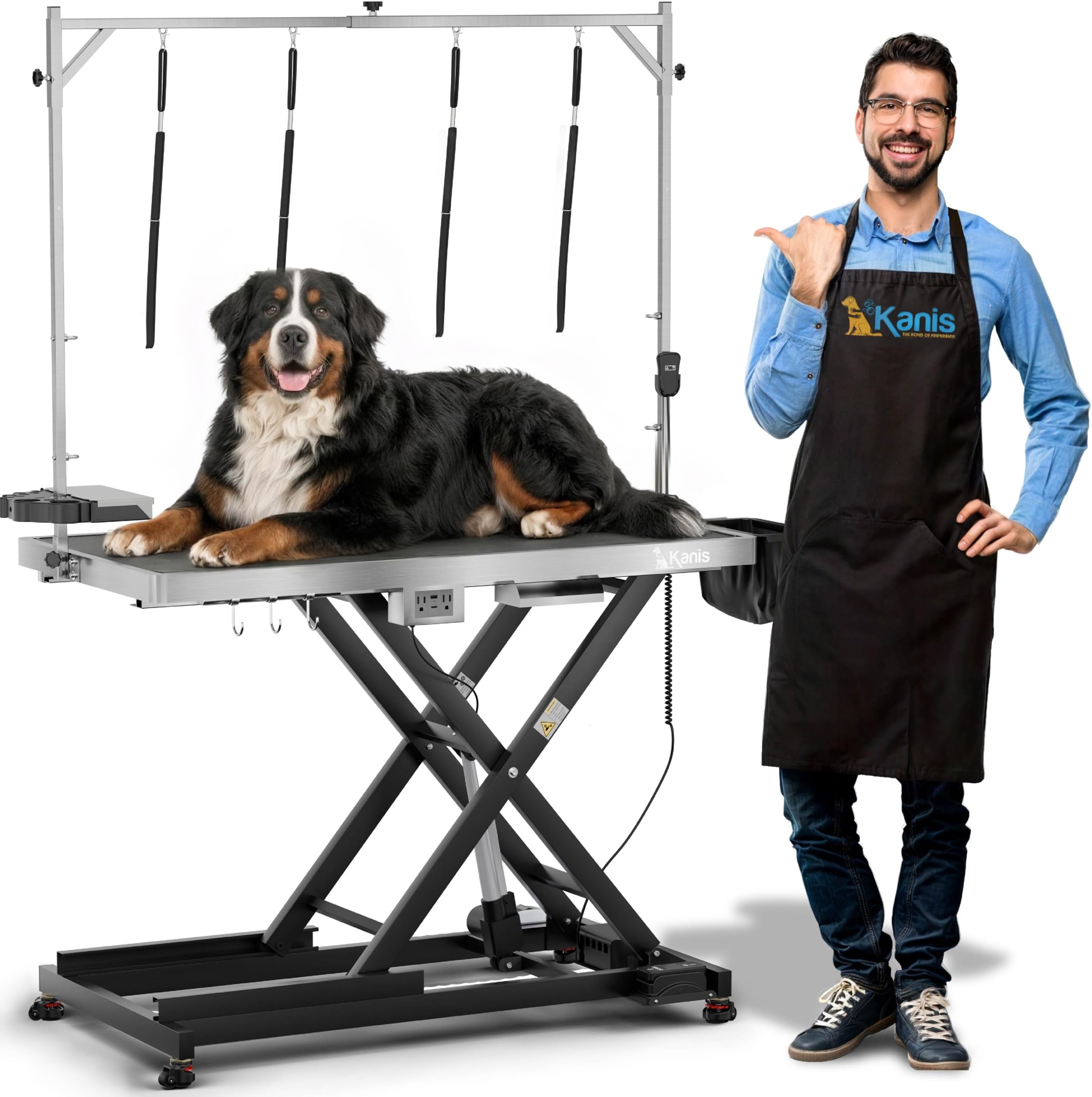 KANIS Professional Electric Dog Grooming Table - Heavy Duty, Height Adjustable Pet Grooming Table w/Leveling Wheels, Grooming Arm, Anti-Slip Tabletop & Tool Organizer/Dog Grooming Station (Black, 49")