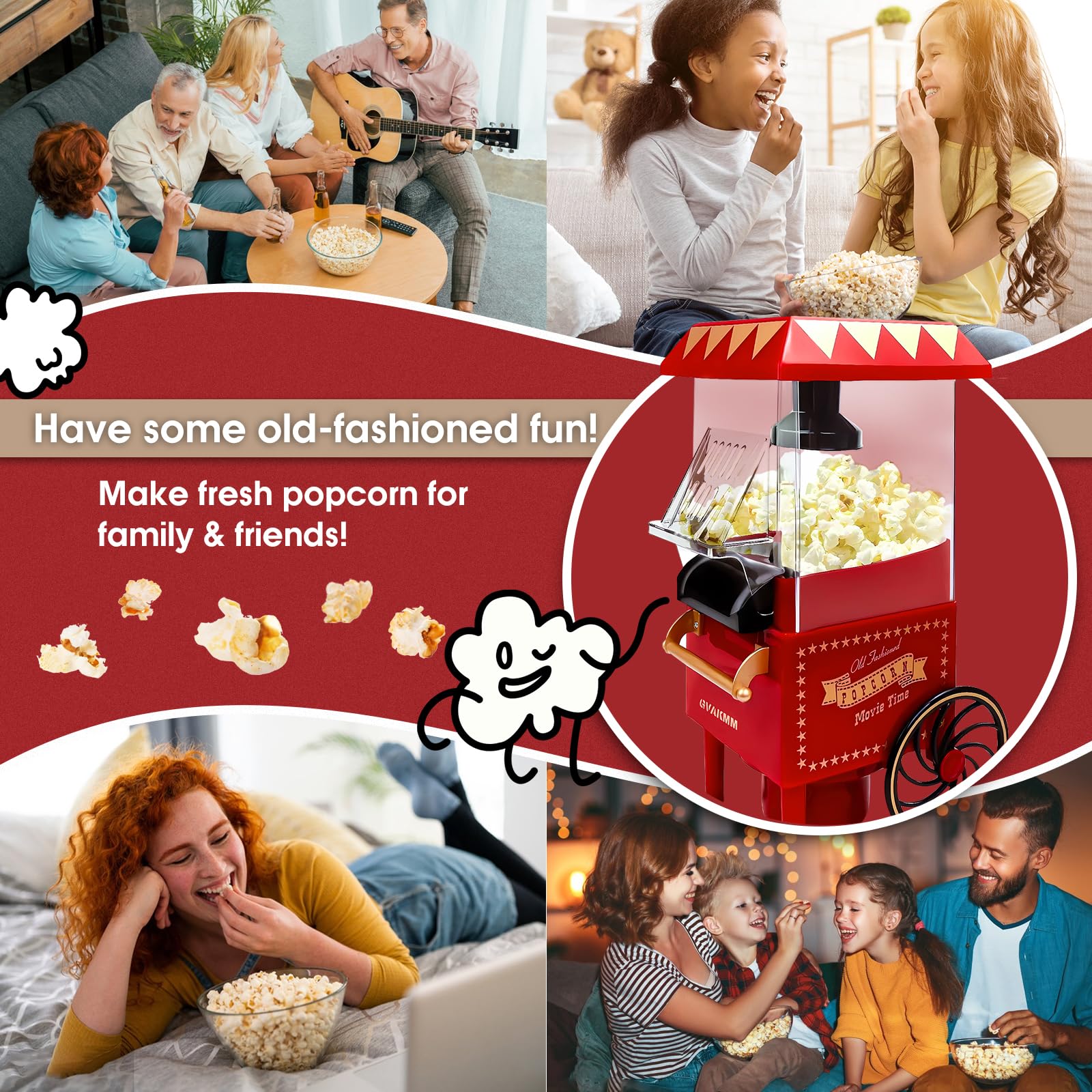 Macchina per popcorn, kit per popcorn ad aria calda, confezione regalo, macchina portatile per popcorn casalinga, 10 tazze, senza olio, stile retrò, compatta e carina (rosso-9)