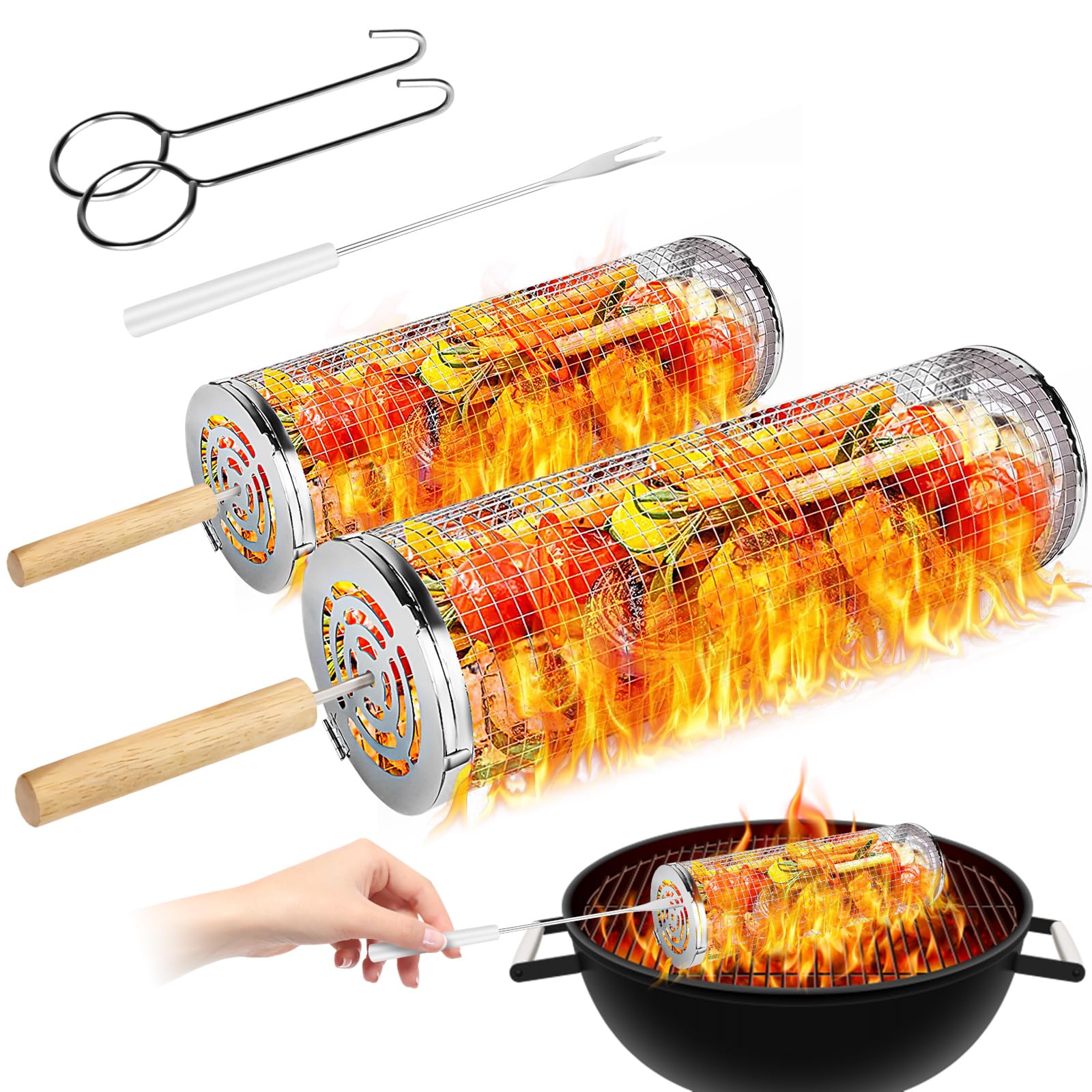 Panier Barbecue Roulant Foyucool - 2 Paniers Inox Amovibles, Poignée Bois - Pour Viande, Légumes, Camping