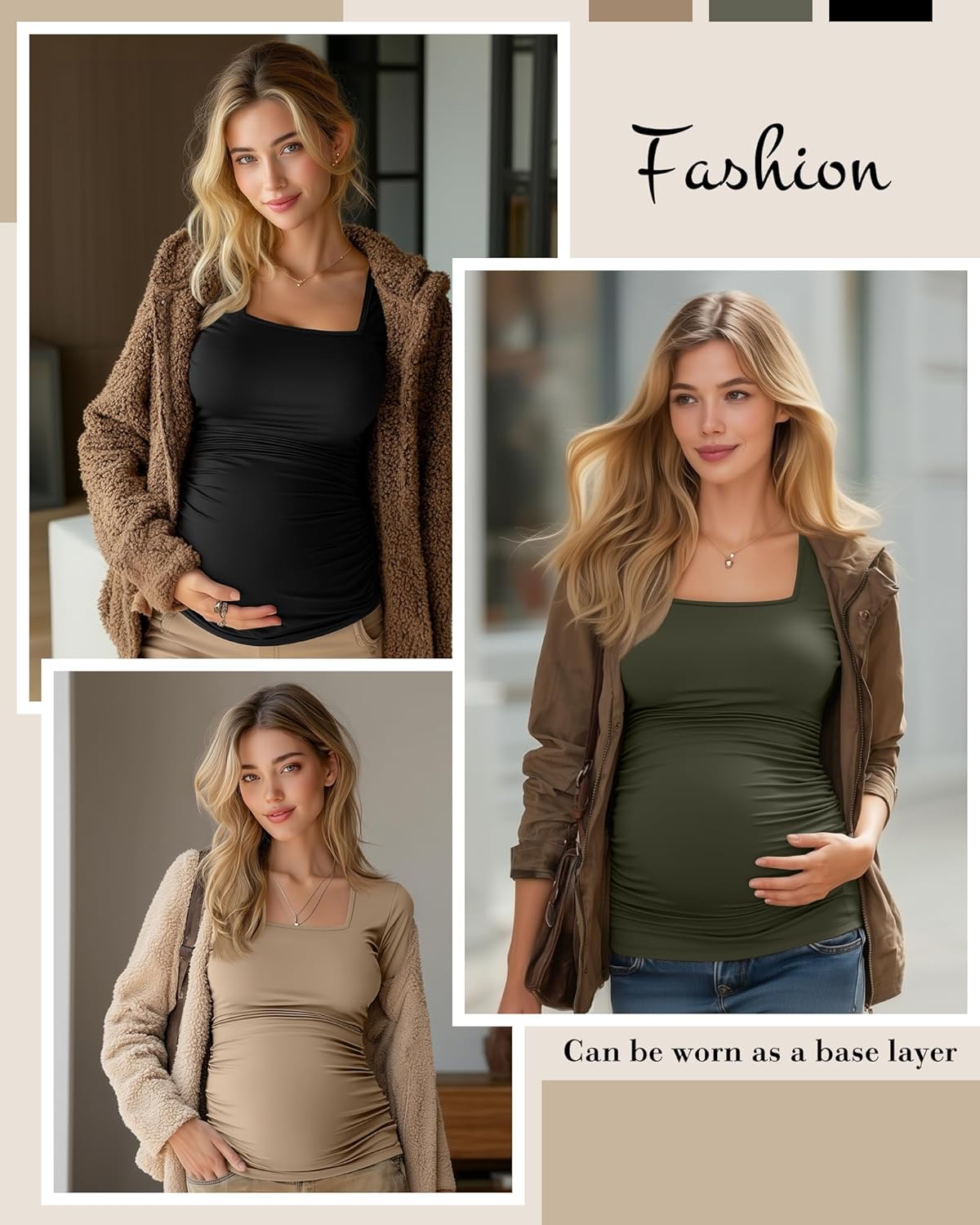3 Pack Women's Maternity Shirts Long Sleeve Side Ruched Pregnancy Tops Square Neck Basic Tunic Knit Mama Clothes - Image 4