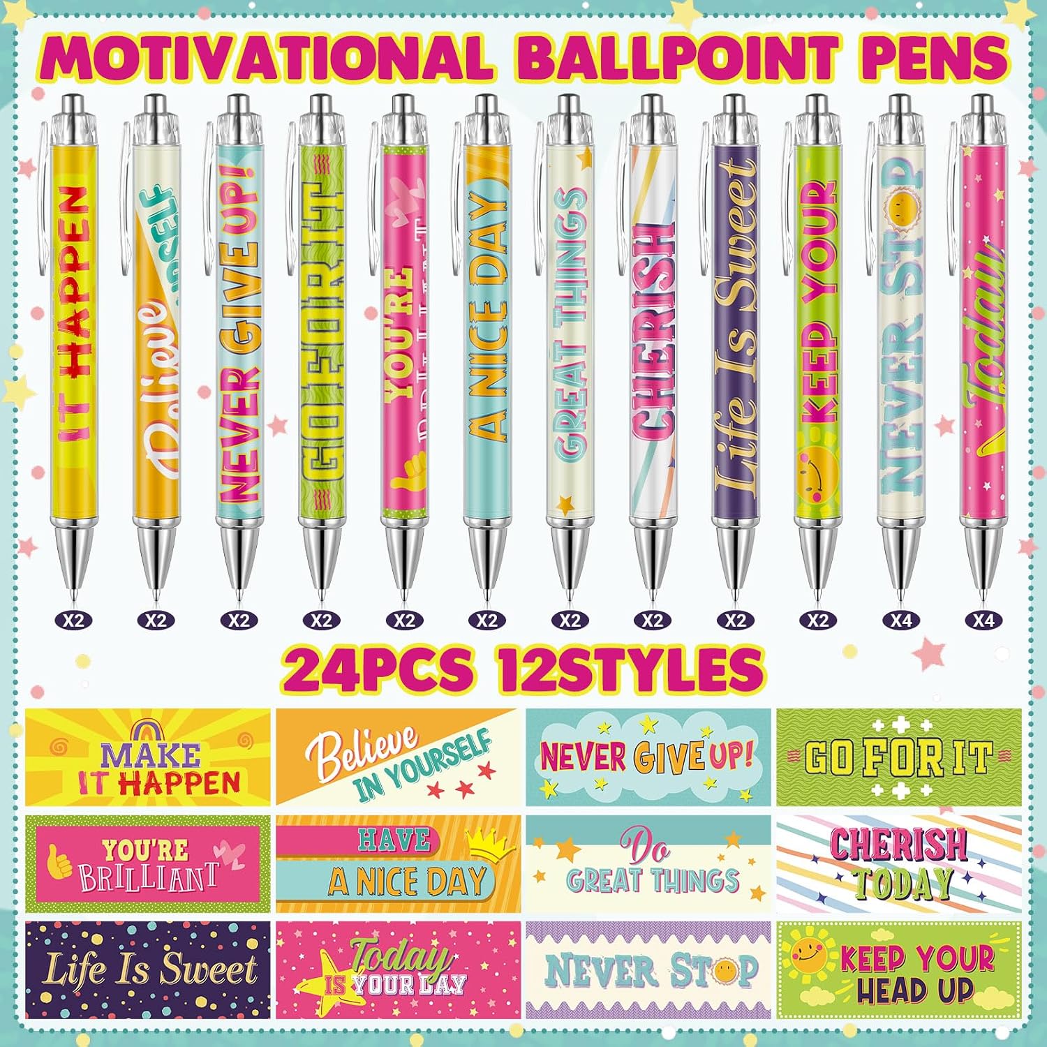 Pasimy 24 Pcs End of Year Gifts Motivational Inspirational Pens Affirmation Black Ink Pens with Positive Quotes Thank You Gifts for Women Men Office Working School Students, 10 Styles image 2