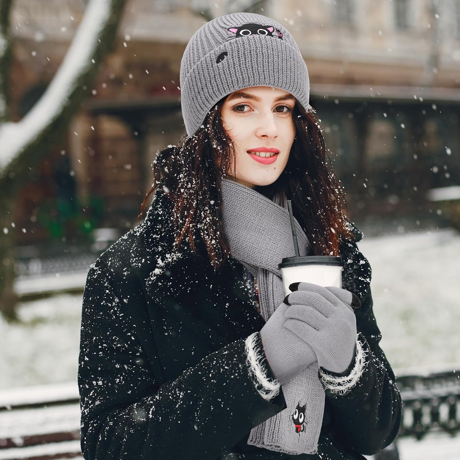 Women Winter Warm Knit Beanie Cat Hat with Headband Scarf Gloves Cat Lover Gifts Set for Women Teen Girls Grey - Image 2