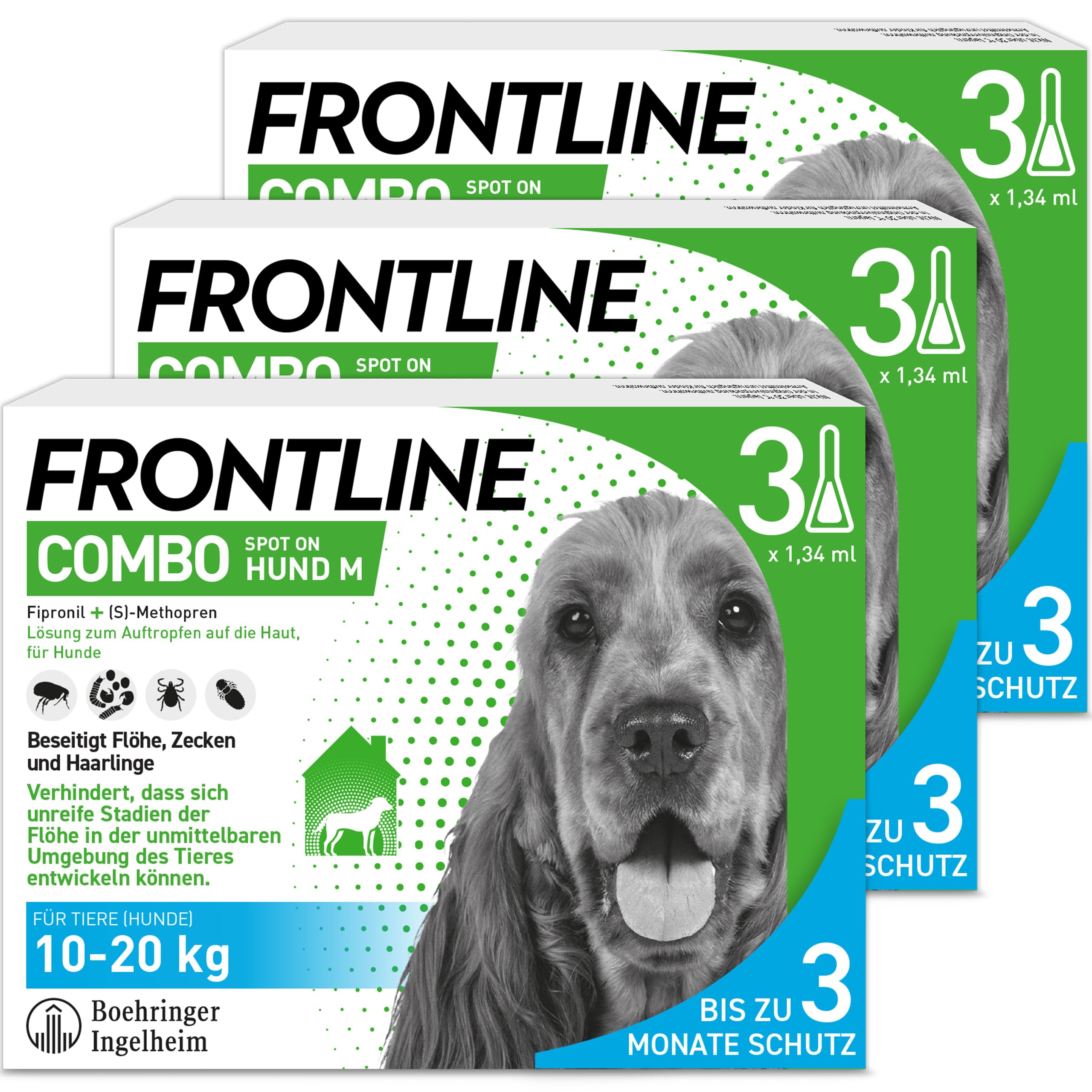 FRONTLINE Combo Hund M gegen Zecken, Flöhe & Haarlinge (10 bis 20 kg) | 3x Pipetten (3er Pack) für bis zu 9 Monate Schutz - gegen Floheier, Larven & Puppen im Haushalt - wasserfest